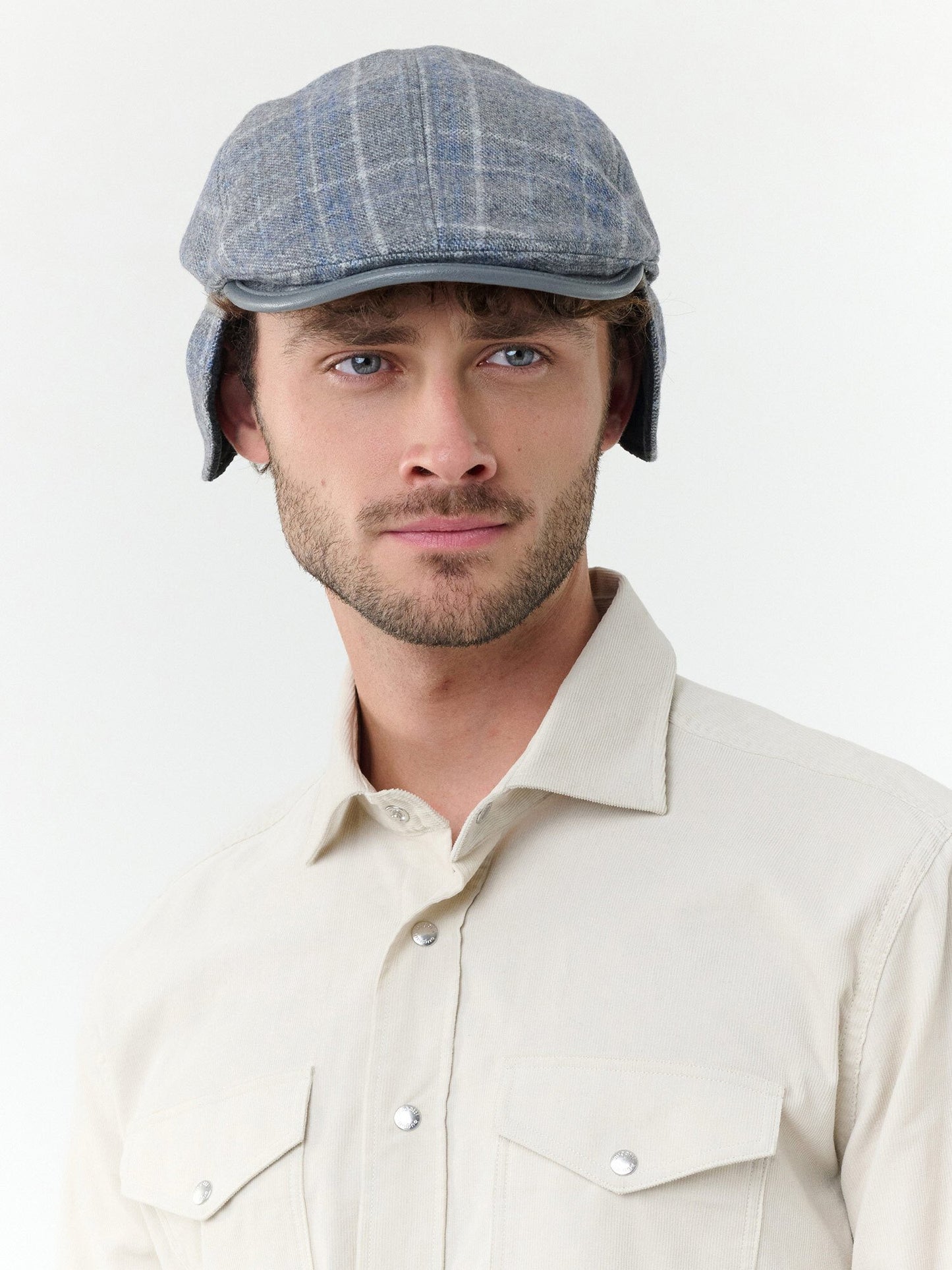 Schurwolle Kopfbedeckung Winddichte bugatti Flatcap mit Karo-Design und Ohrenklappen (Silver)