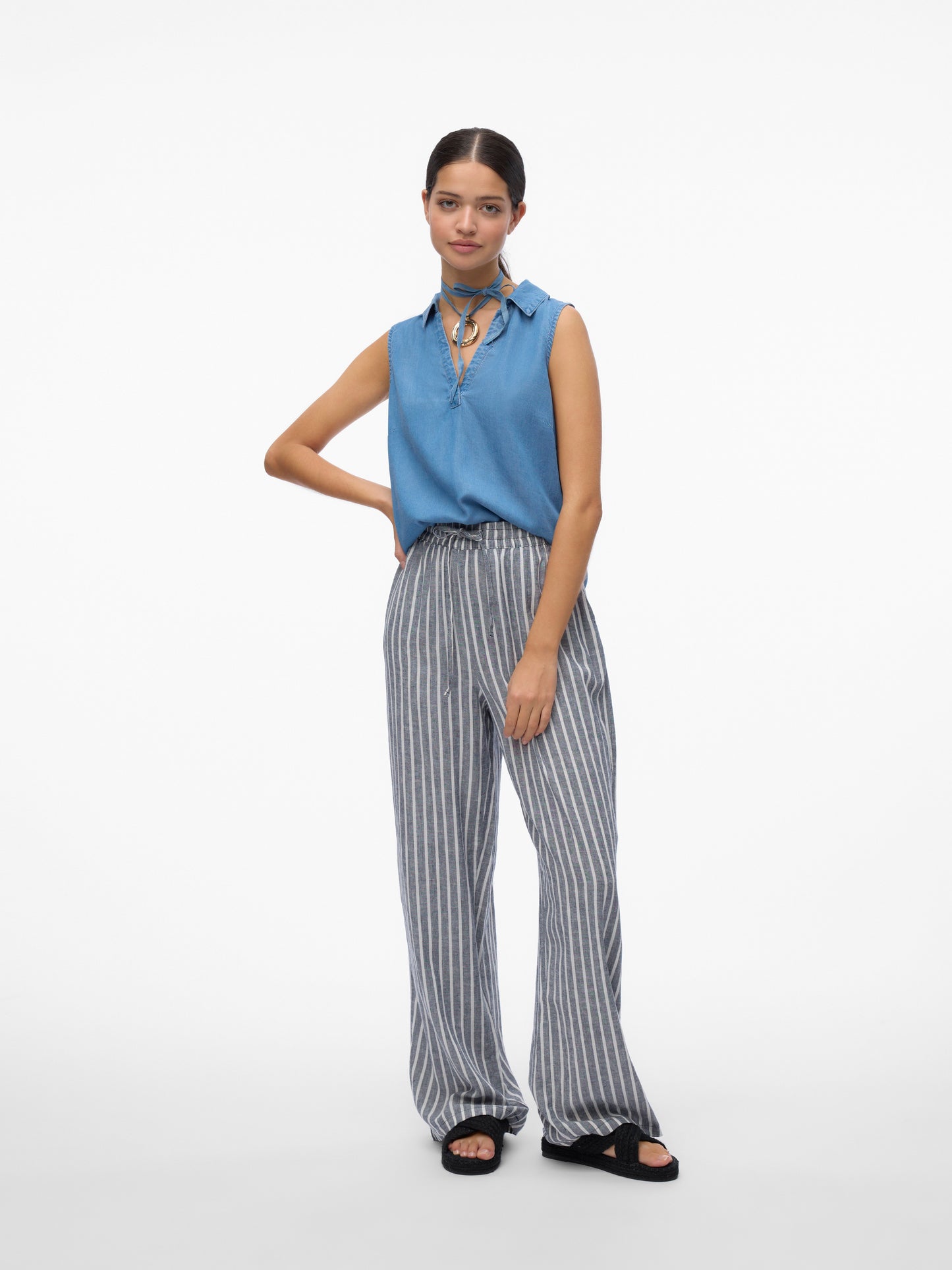 Vmharper Sl Collar Short Tencel Top Ga (Medium Blue D)