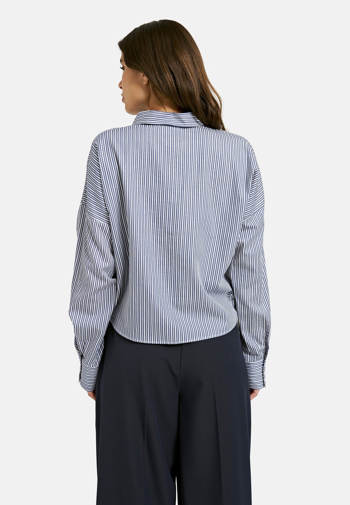 Striped Boxy Blouse with Ruffle Edge (Dark Denim Prin)