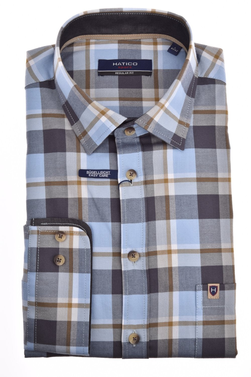 HATICO- Sport Hemd Regular Fit Langarm (Karo Hellblau)