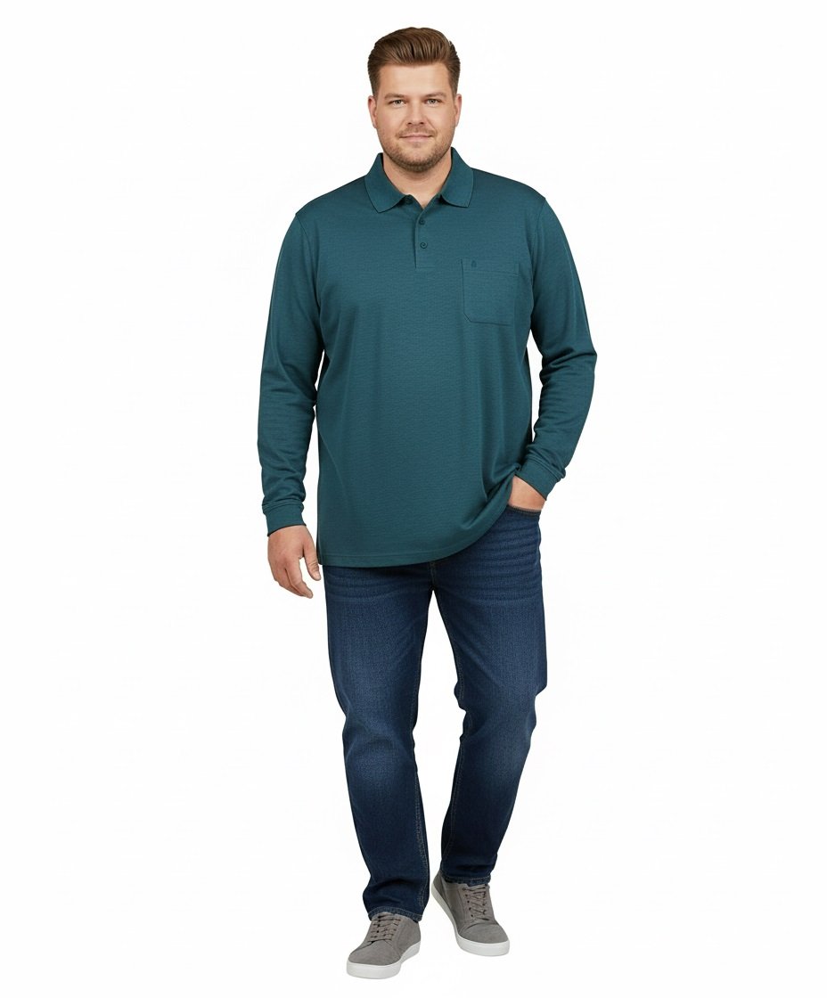 Softknit-Polo mit Brusttasche, Langarm (Dunkelgrun)