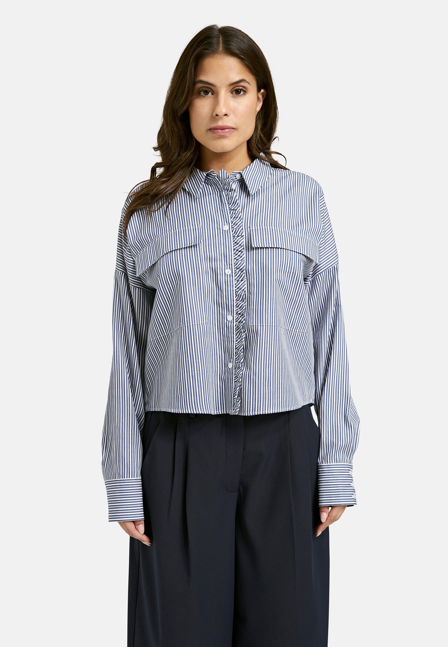 Striped Boxy Blouse with Ruffle Edge (Dark Denim Prin)
