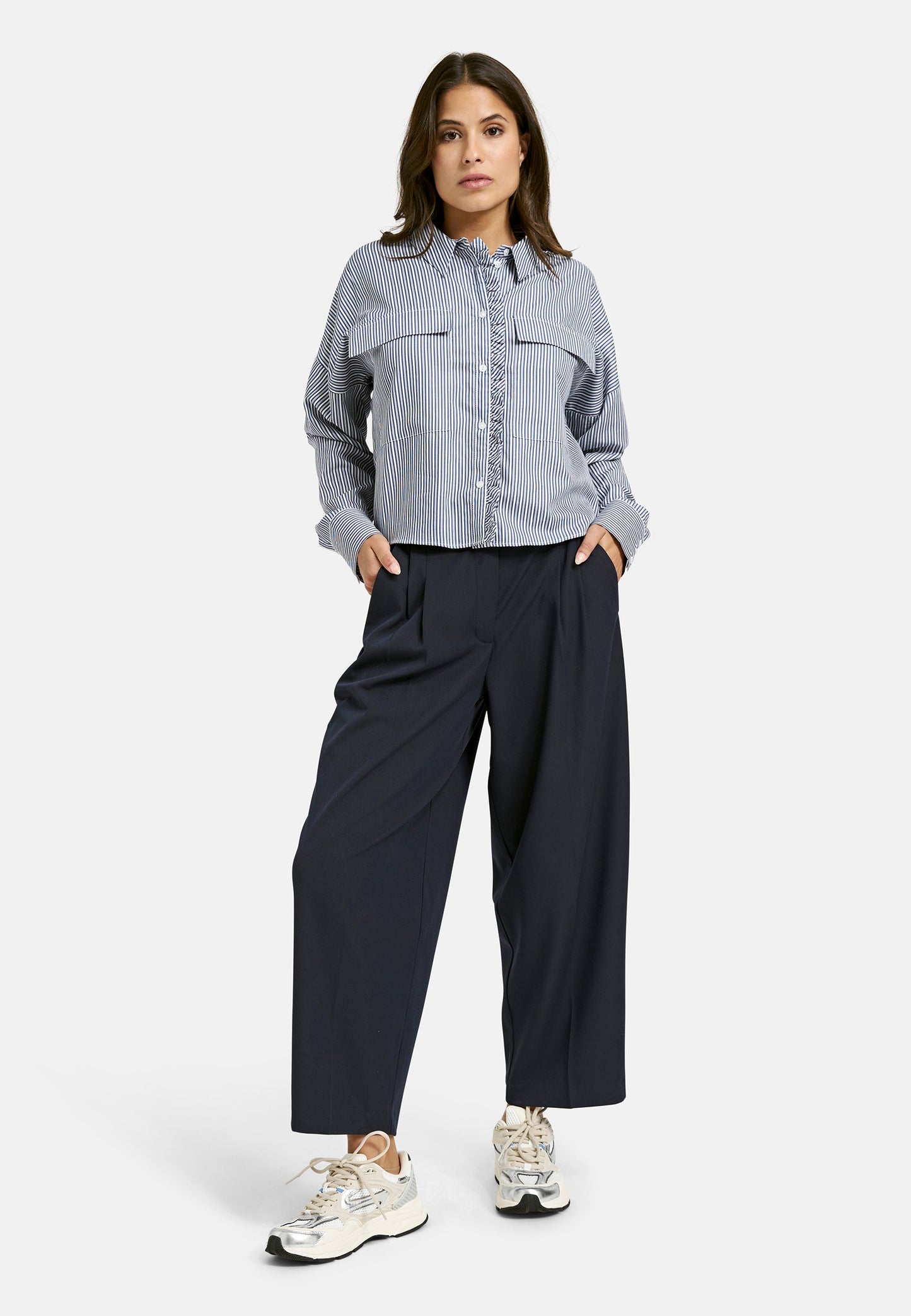 Striped Boxy Blouse with Ruffle Edge (Dark Denim Prin)