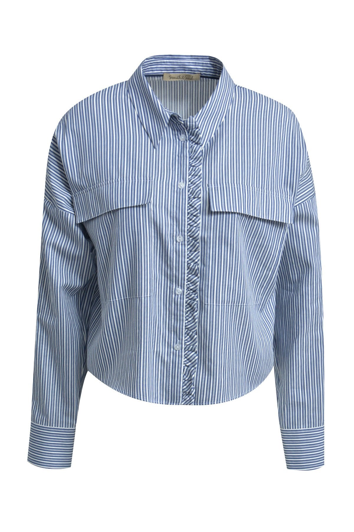Striped Boxy Blouse with Ruffle Edge (Dark Denim Prin)