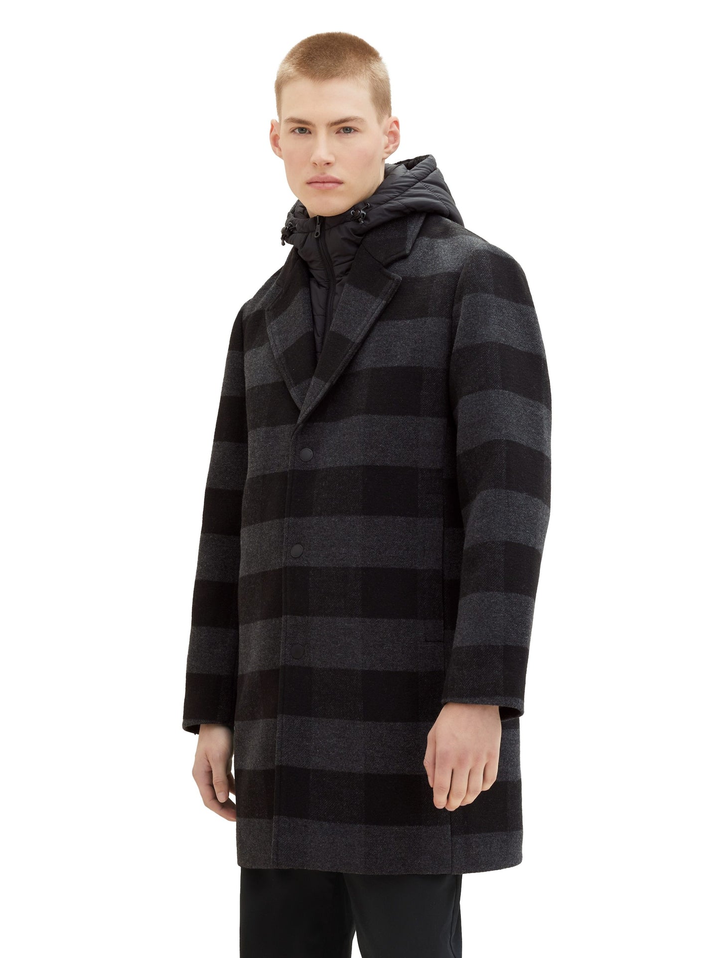 Wollmantel mit integrierter Kapuze (Black Grey Buf)