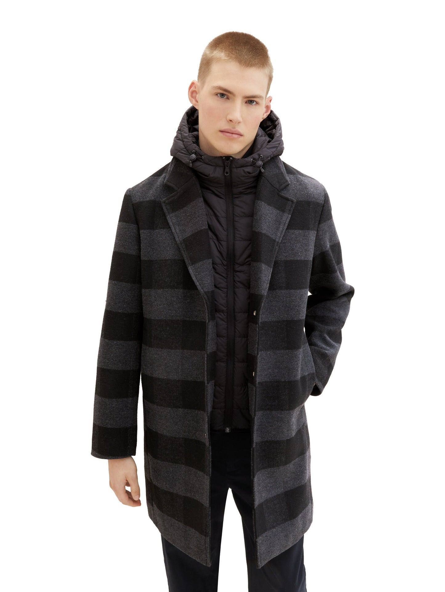 Wollmantel mit integrierter Kapuze (Black Grey Buf)