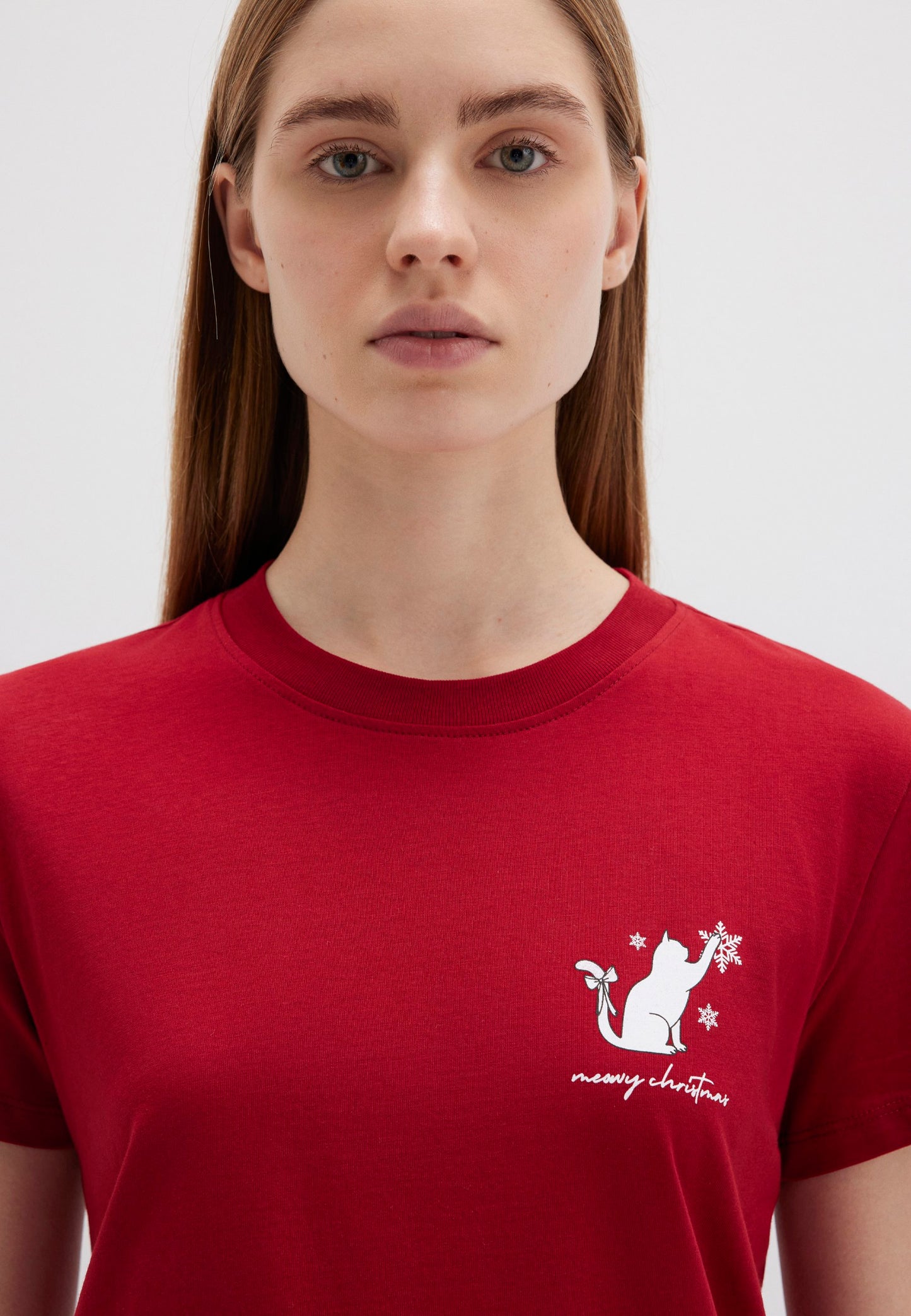 Cat Printed T-shirt (Red Dahlia)