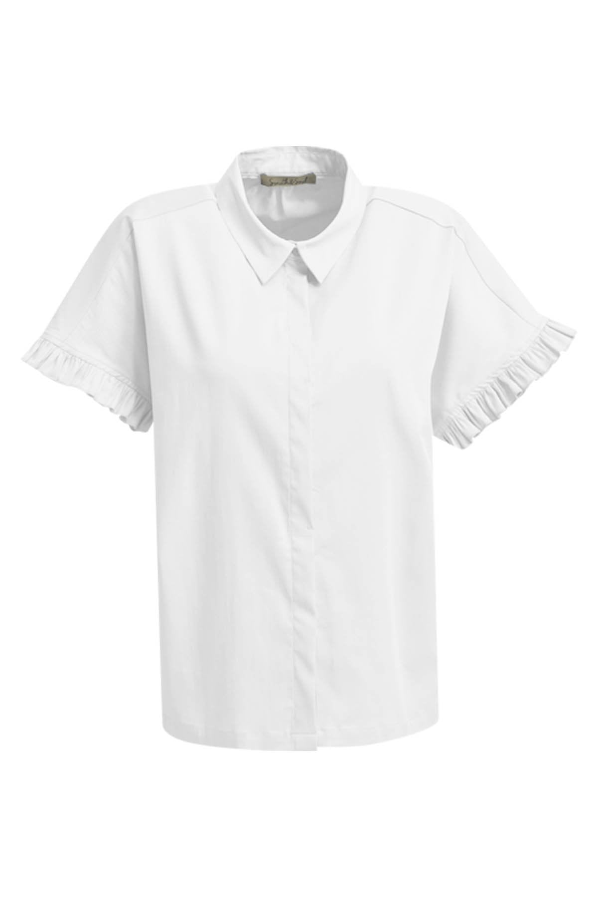 Shirt Collar Ruffle Cuff Blouse (Cream White)