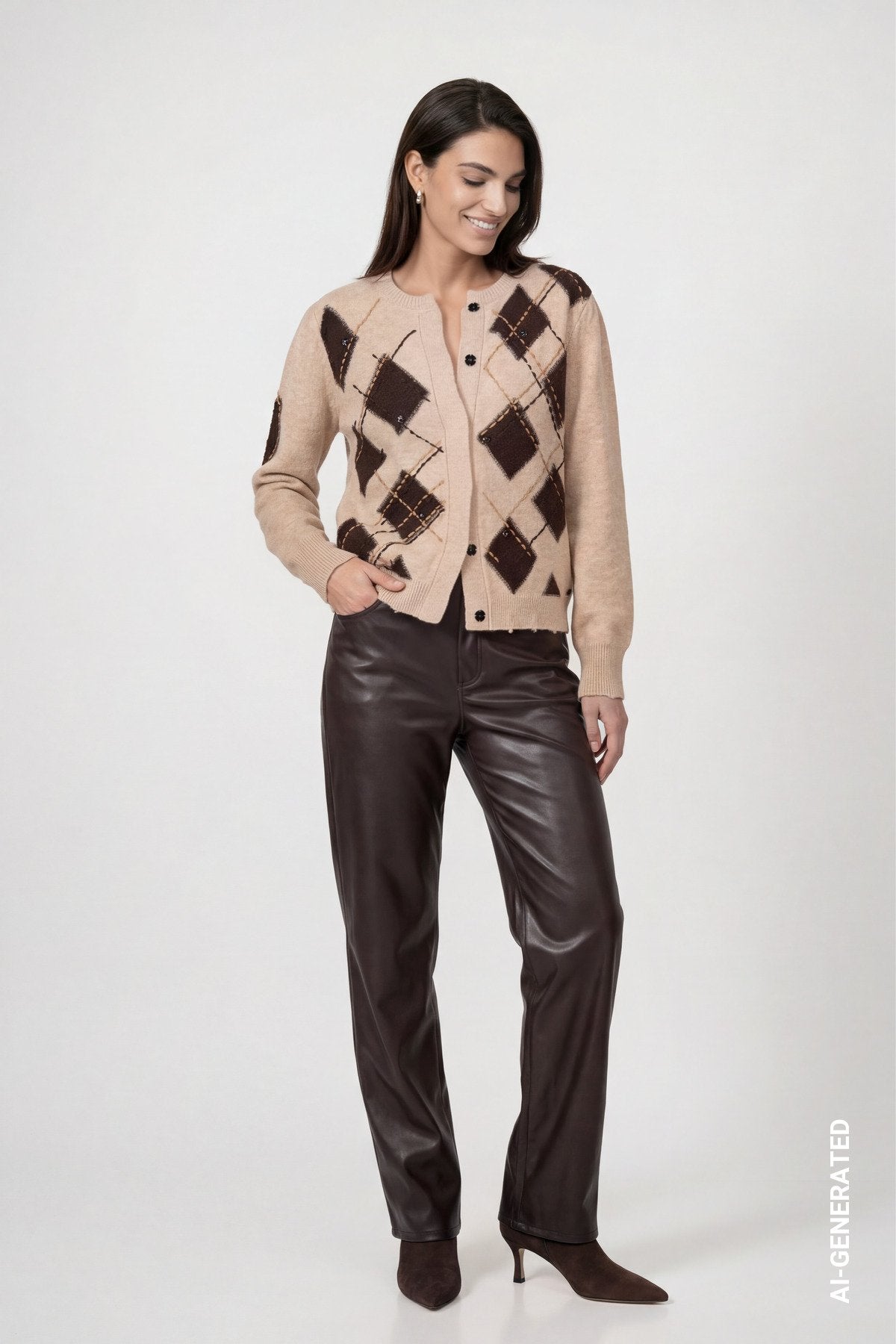 Strickjacke mit Rautenmuster (Cappuccino Melan)