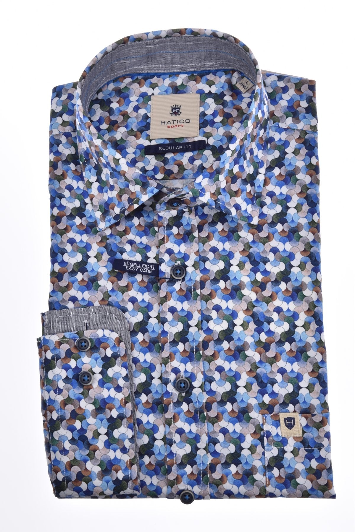 HATICO- Sport Hemd Regular Fit Langarm (Druck Mittelblau)