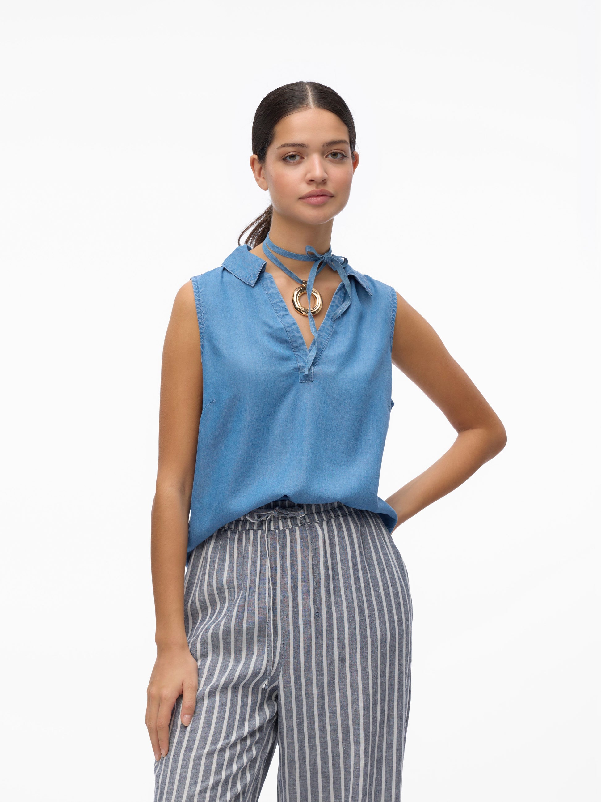 Vmharper Sl Collar Short Tencel Top Ga (Medium Blue D)