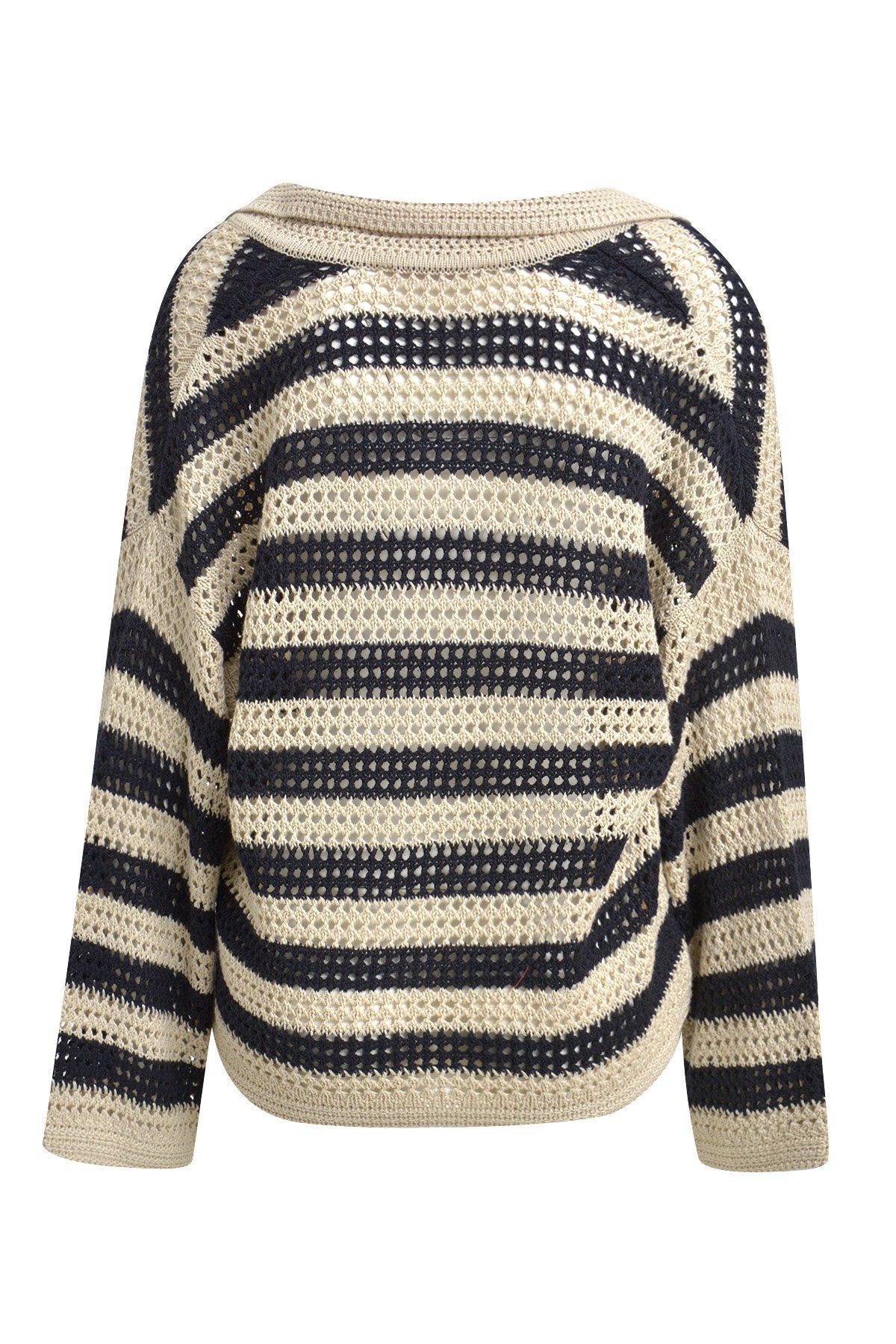 Striped Crochet Polo Collar Pullover (Marine Print)