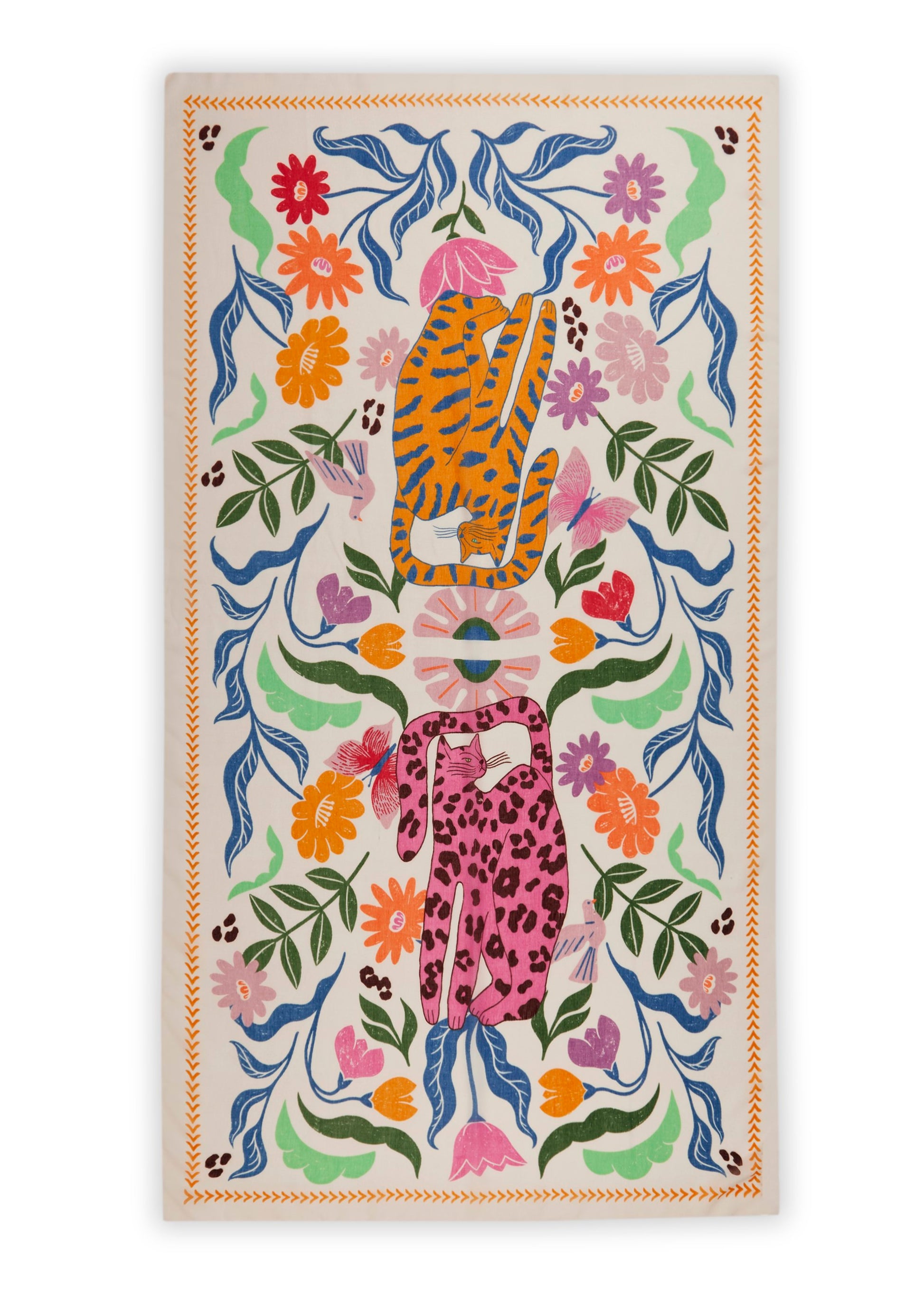 Schal aus recyceltem Polyester mit  Katzen-Motiv und Blumenmuster (Gre2 Grün)