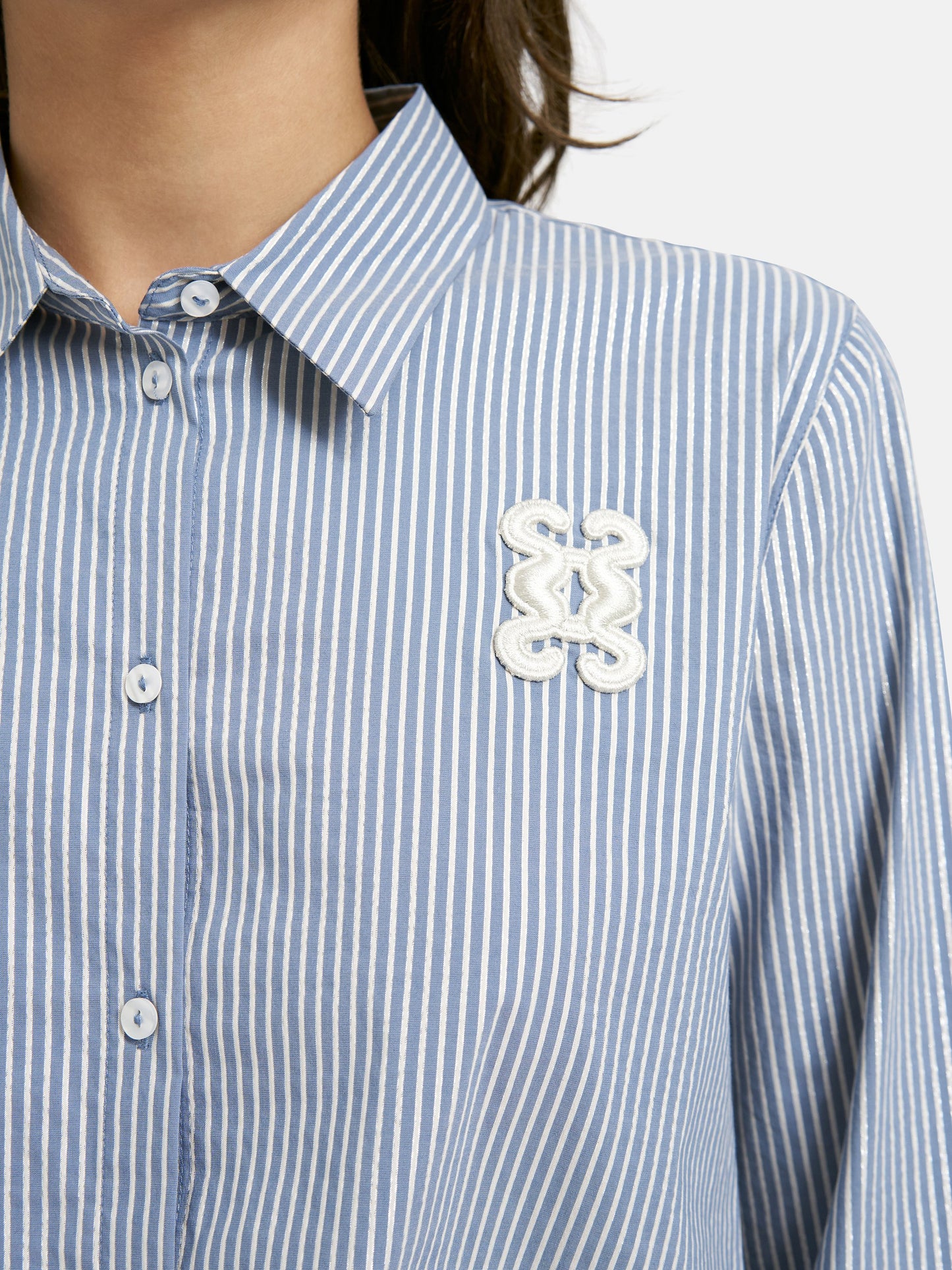 Striped Shirt Collar Blouse (Bleu Print)