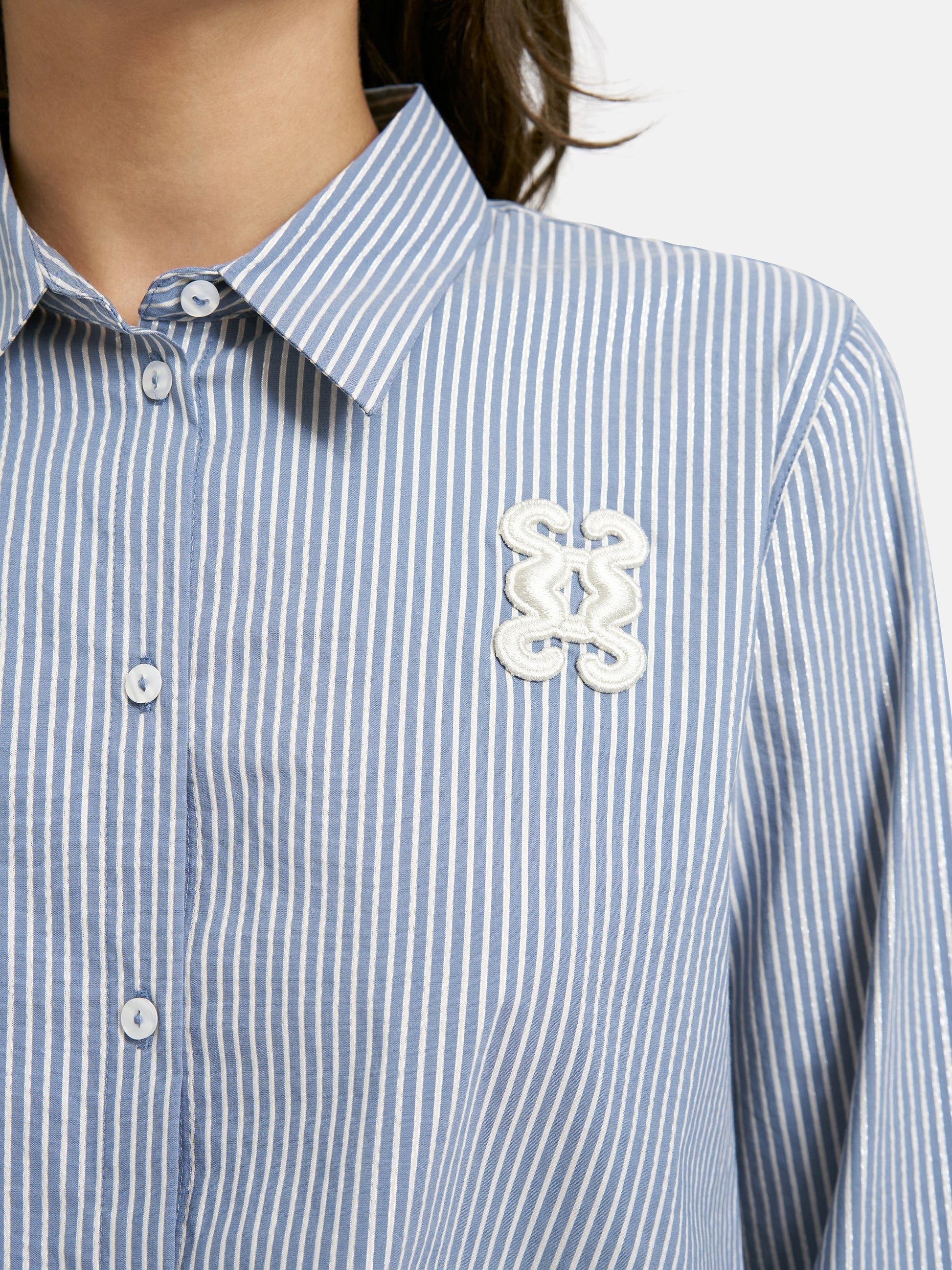 Striped Shirt Collar Blouse (Bleu Print)