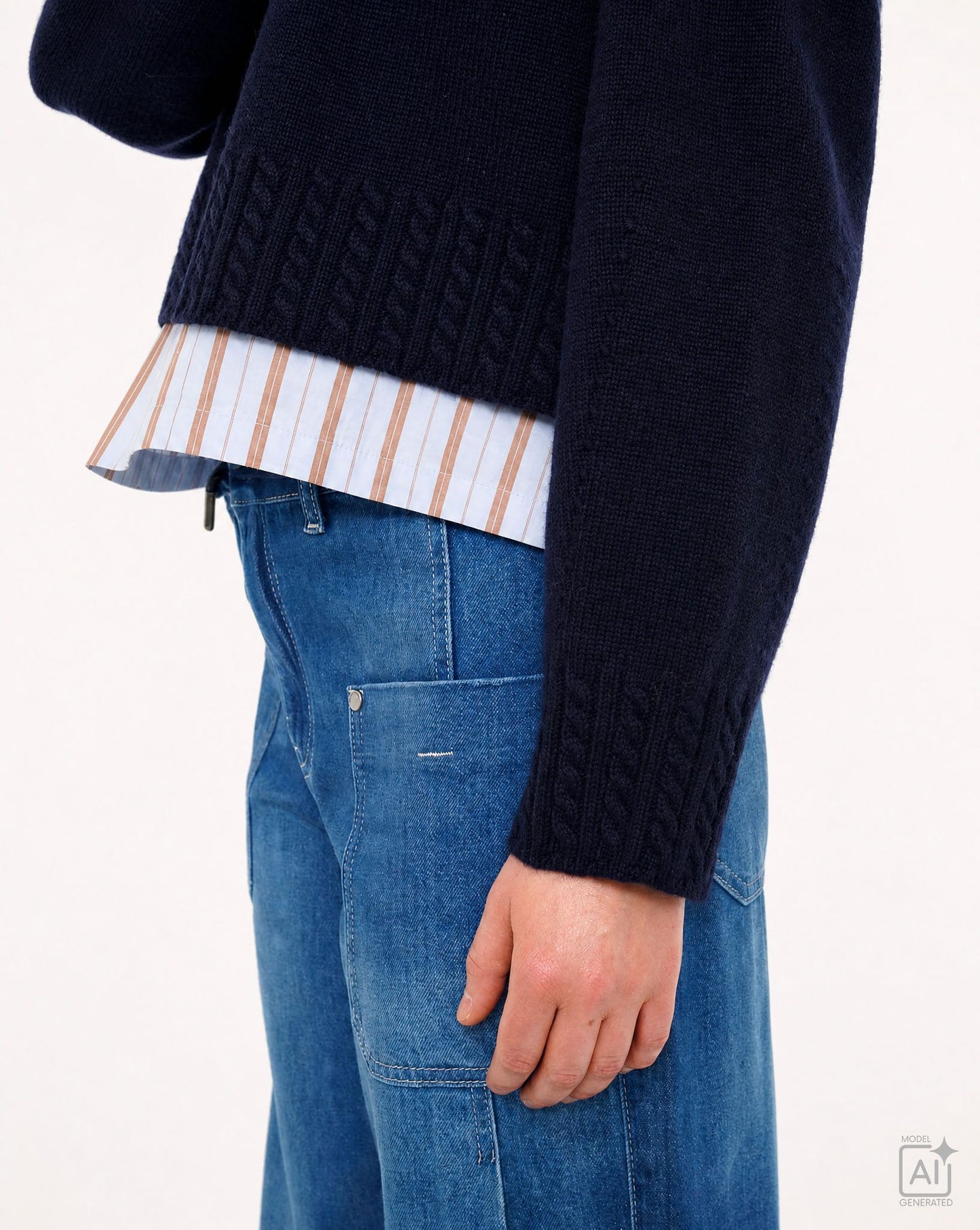 Round Neck Pullover Cable Hem (Marine)