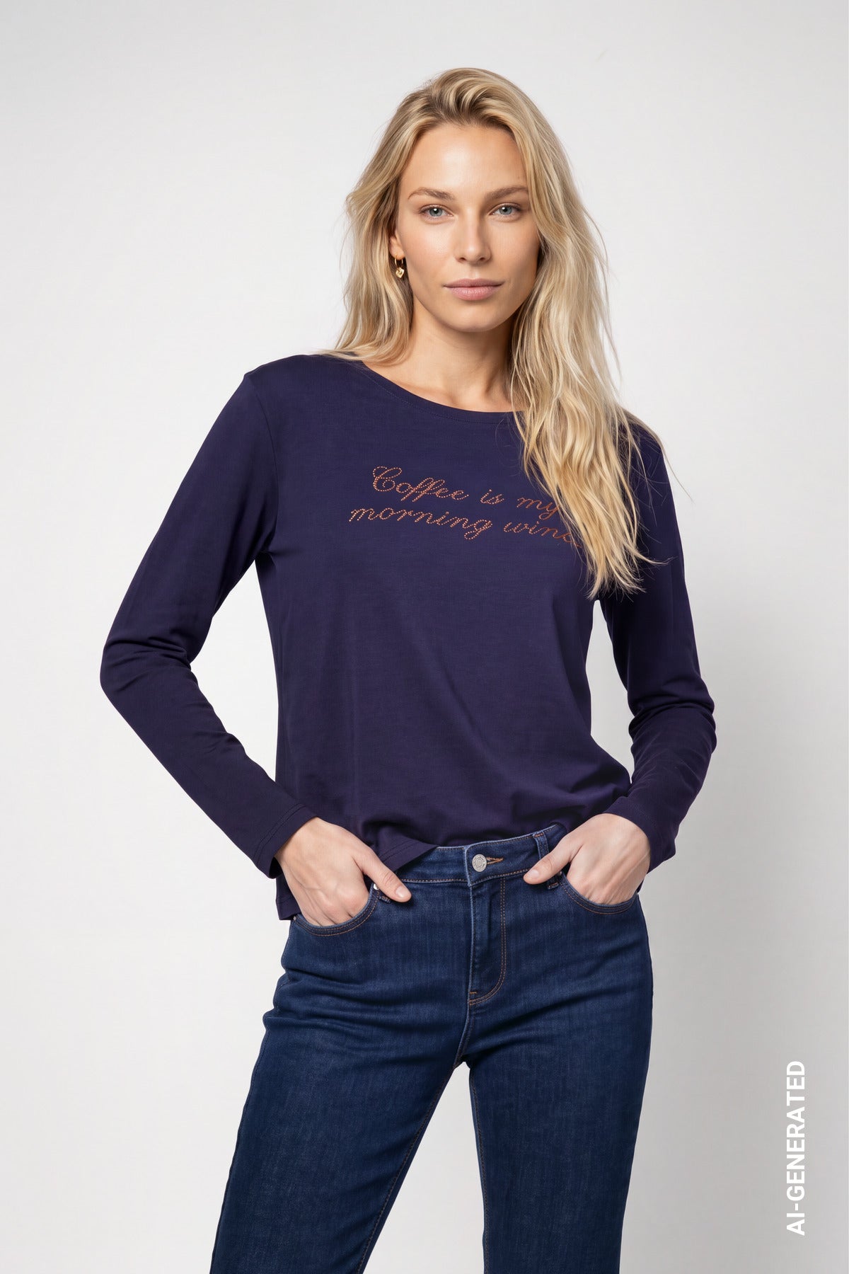 Langarmshirt mit Strassschriftzug (Dark Blue)