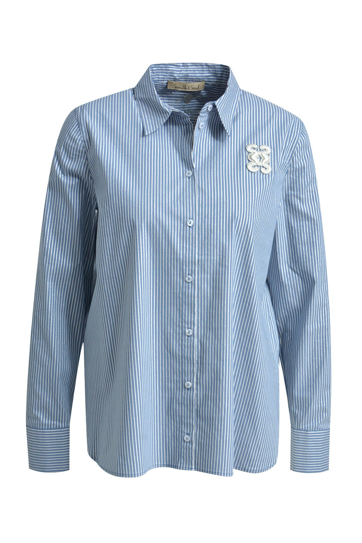 Striped Shirt Collar Blouse (Bleu Print)