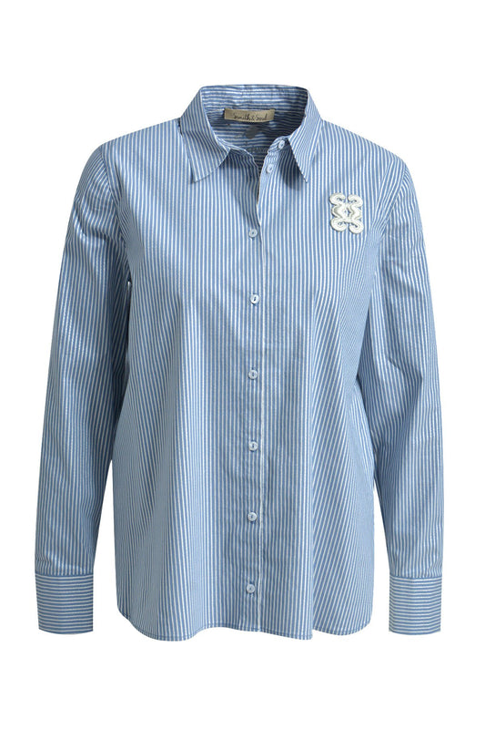 Striped Shirt Collar Blouse (Bleu Print)