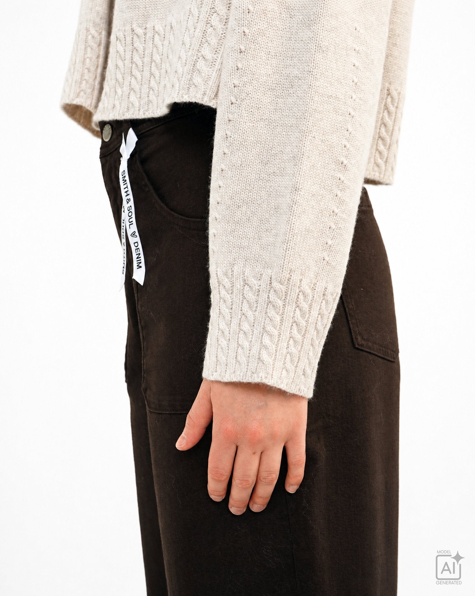 Round Neck Pullover Cable Hem (Oat Milk)