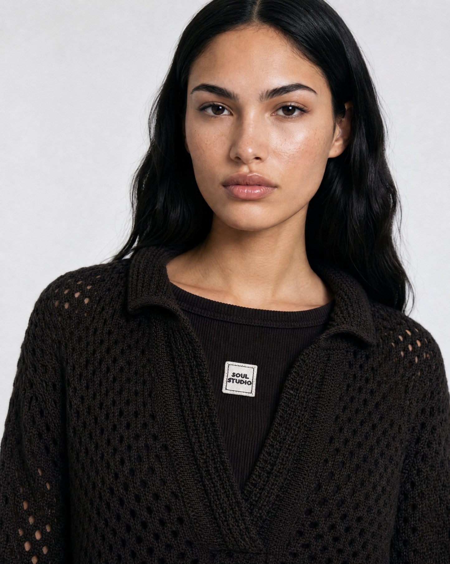 Crochet Polo Collar Pullover (Dark Choc)