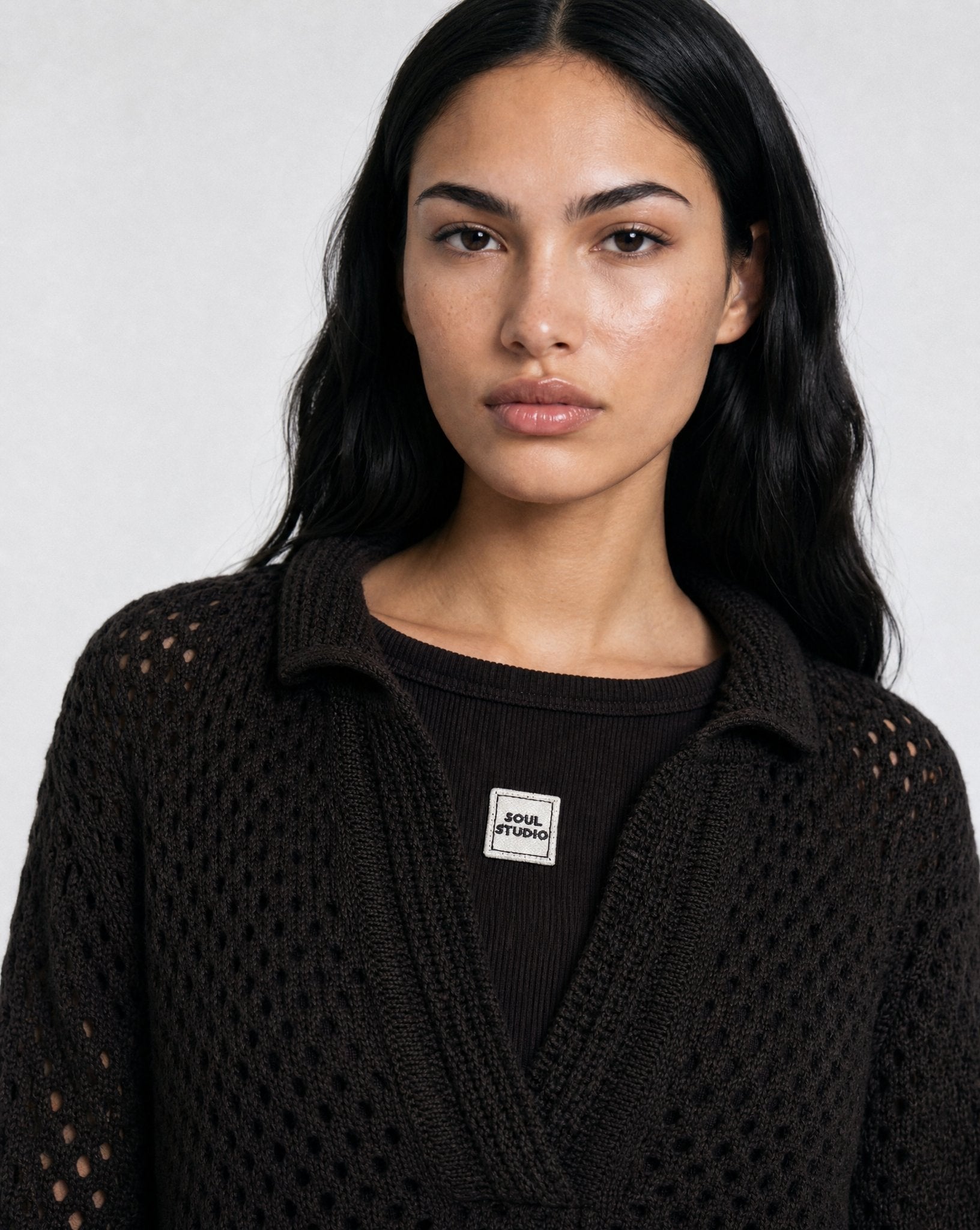 Crochet Polo Collar Pullover (Dark Choc)
