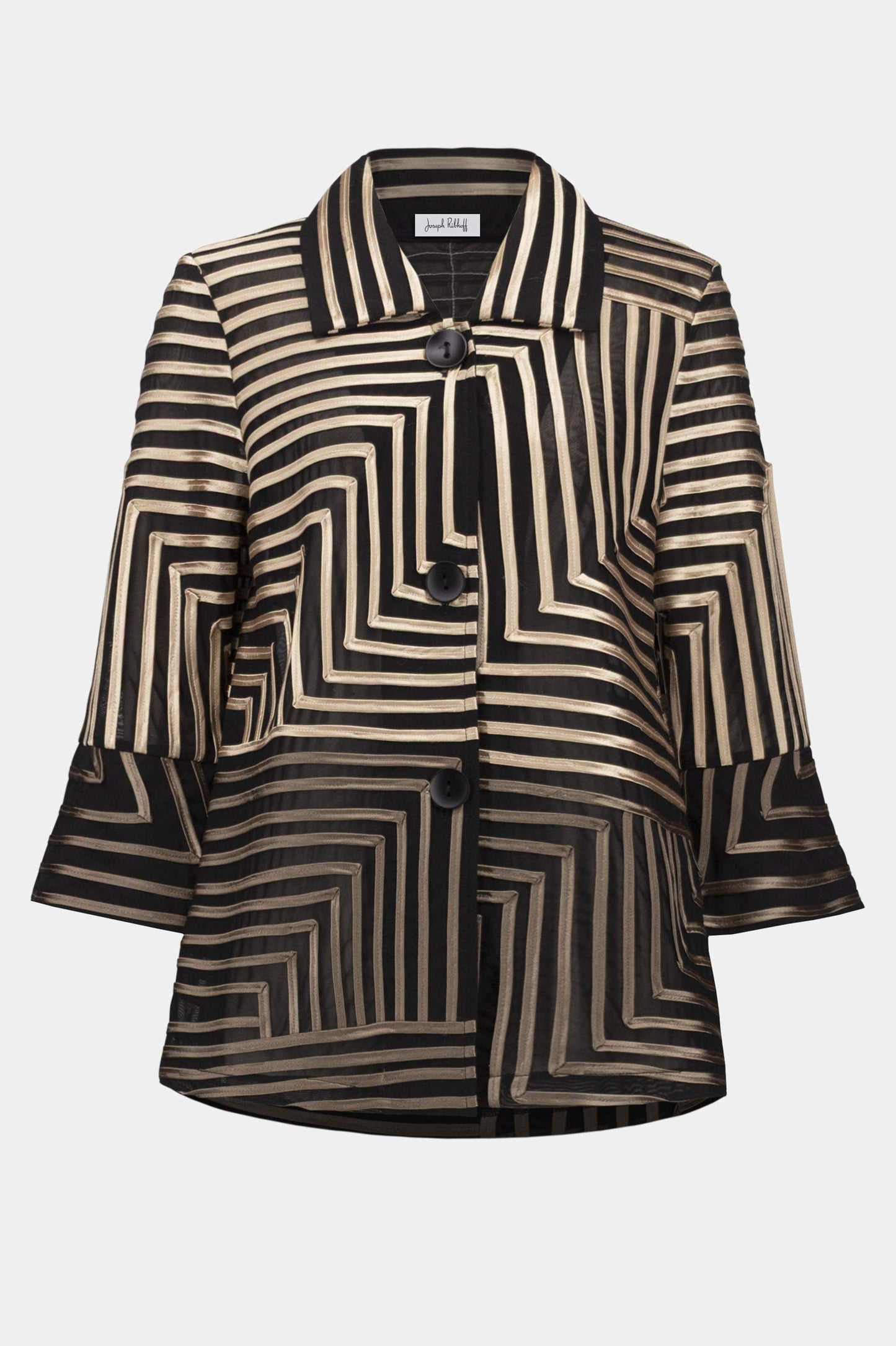 Jacke aus Satin und Netzstoff mit abstraktem Aufdruck und Glockenärmeln (Schwarz/champagn)