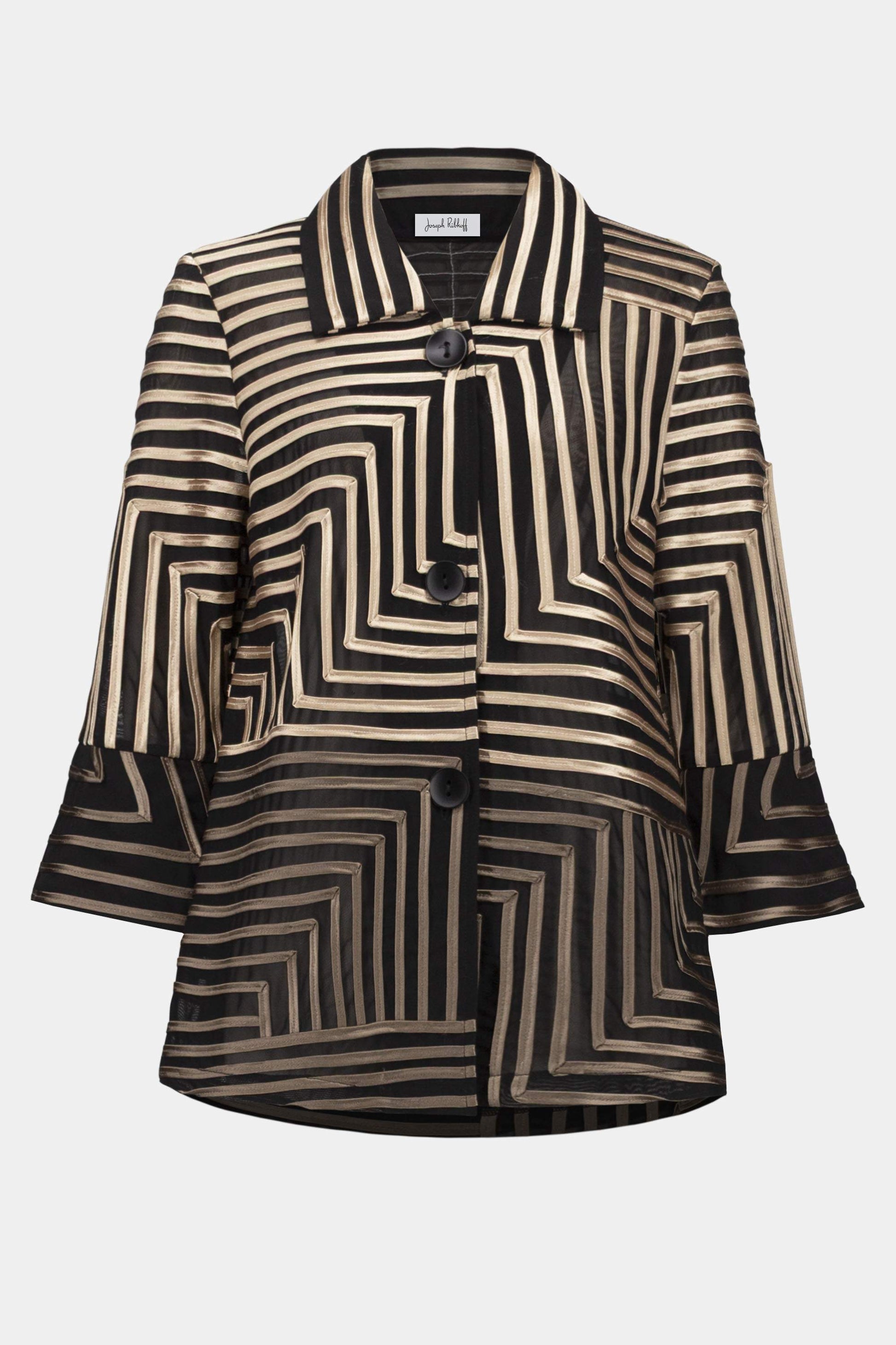 Jacke aus Satin und Netzstoff mit abstraktem Aufdruck und Glockenärmeln (Schwarz/champagn)