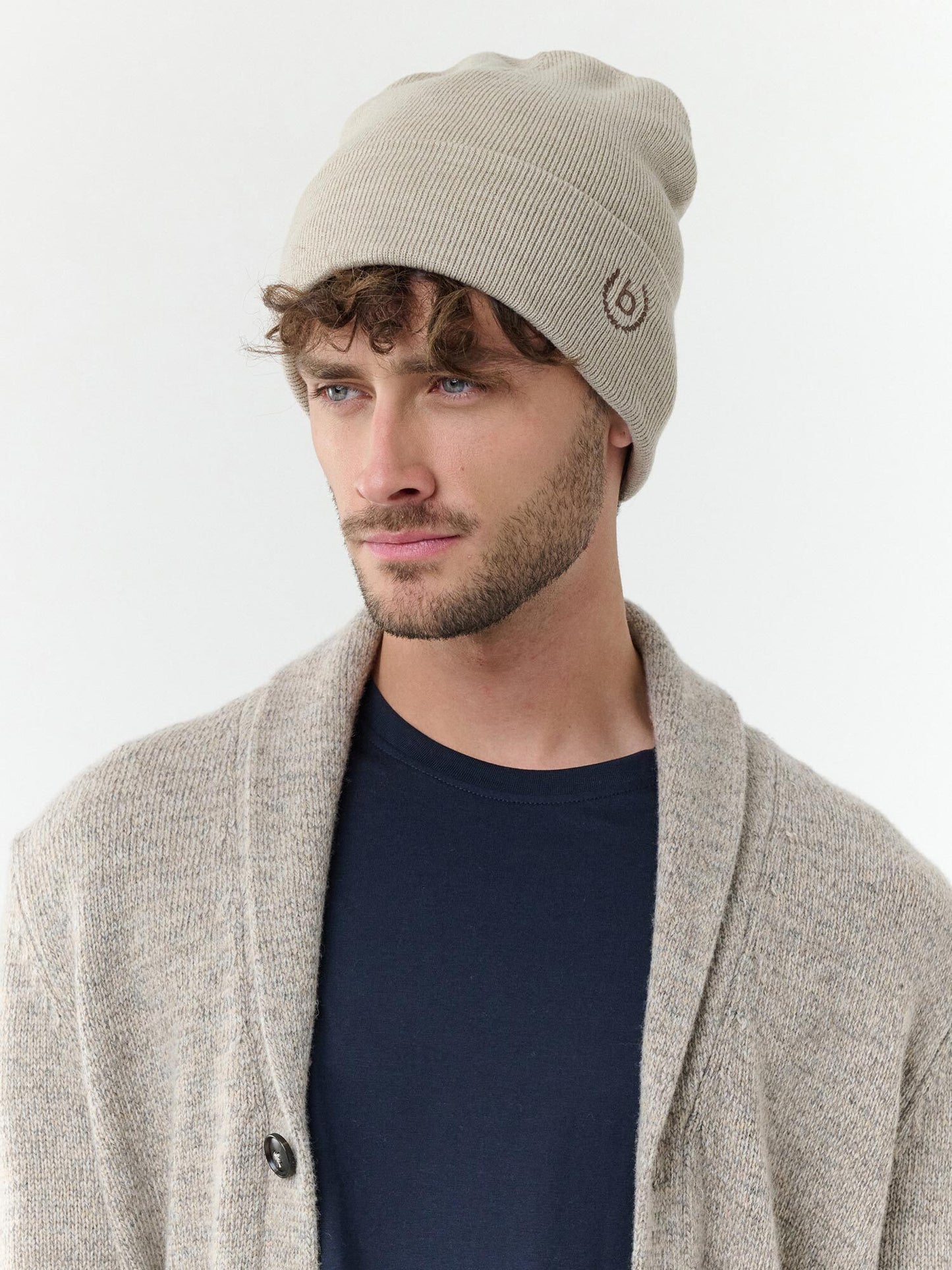 Polyacryl Kopfbedeckung Einfarbige bugatti Beanie mit breitem Rand (Beige)