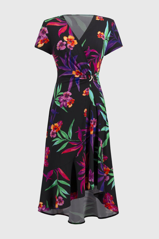 Wickelkleid aus Jersey mit tropischem Muster (Schwarz/multi)