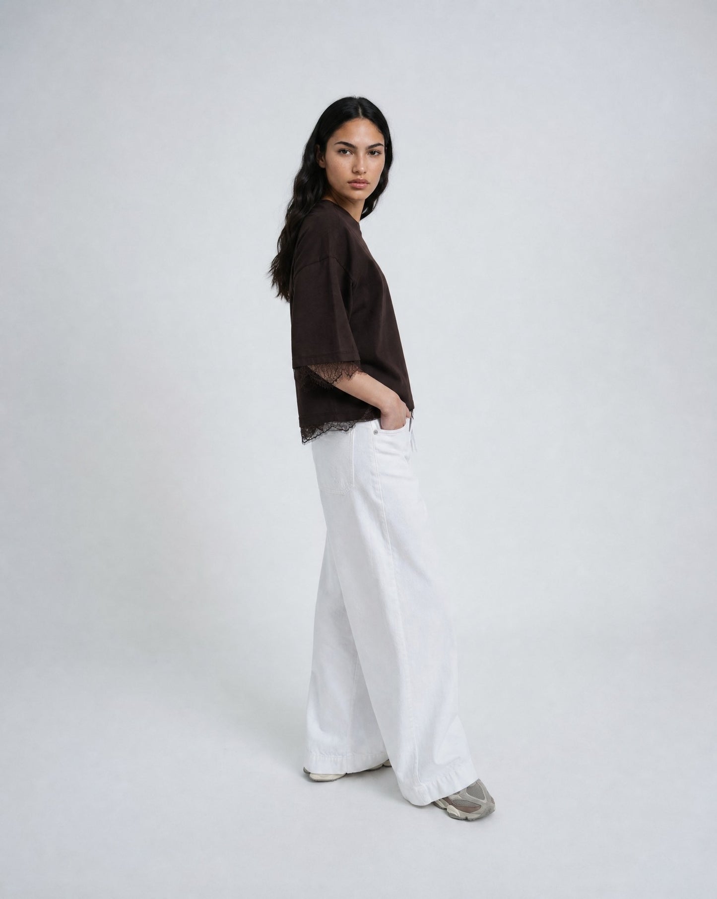 Boxy T-Shirt Lace Hem (Dark Choc)