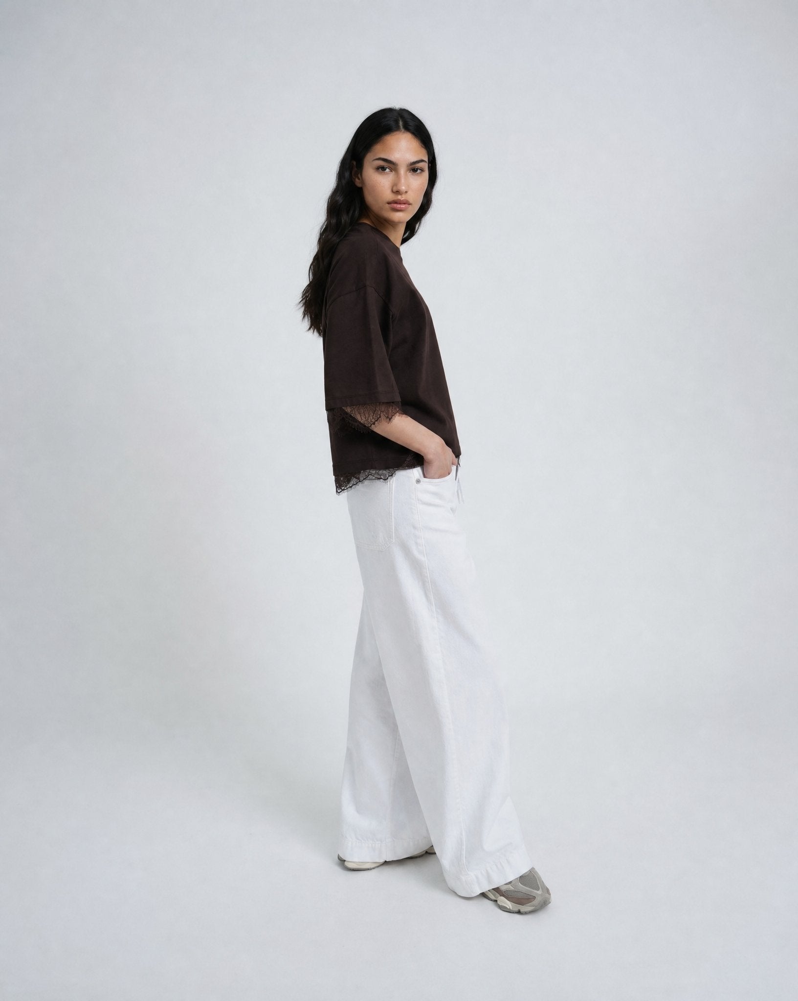 Boxy T-Shirt Lace Hem (Dark Choc)