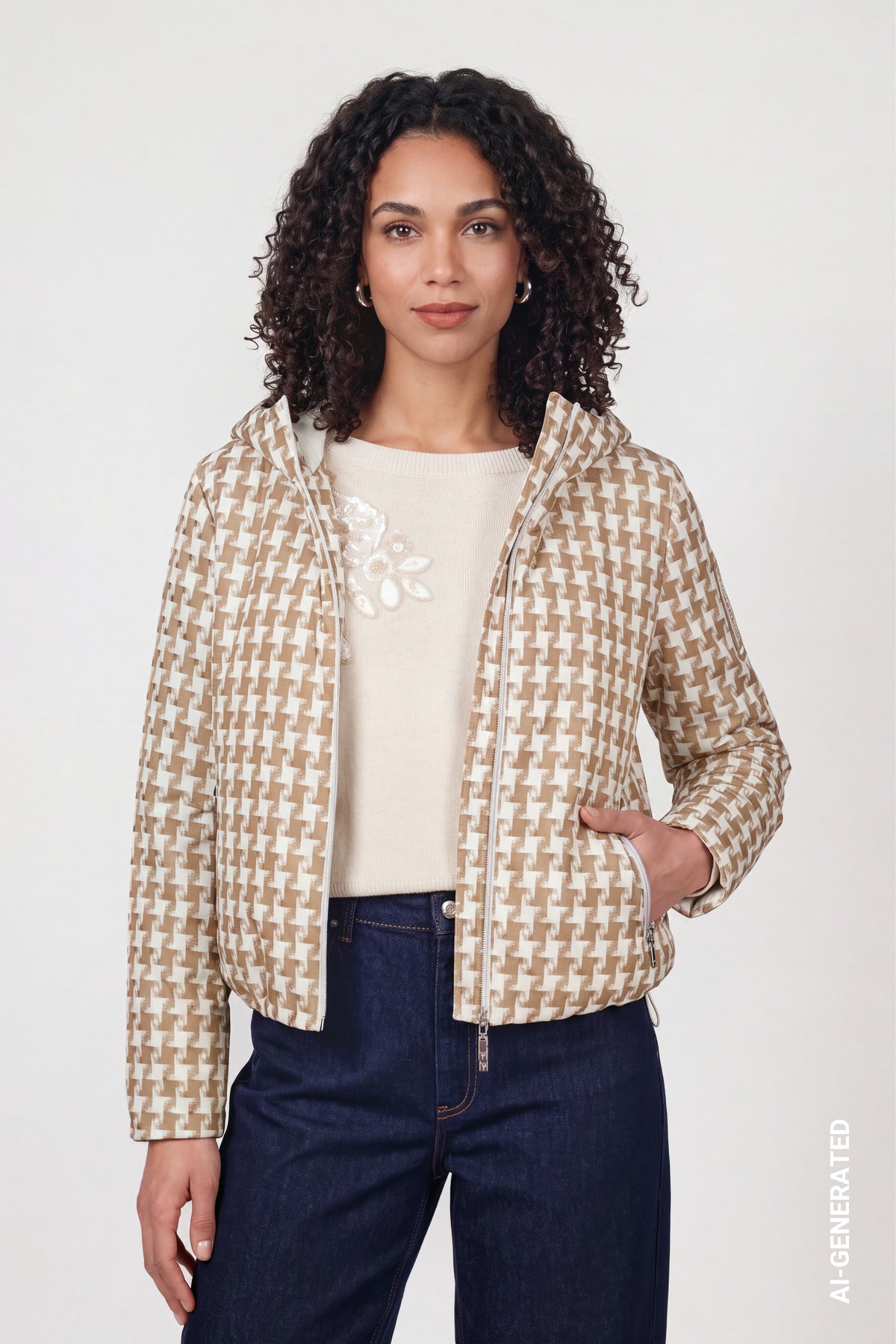 Jacke mit Jacquard-Hahnentritt-Muster (Sesame Gemustert)