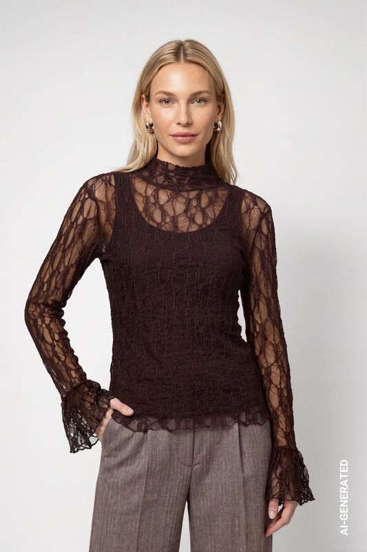 Langarmshirt aus Spitze (Dark Brown)