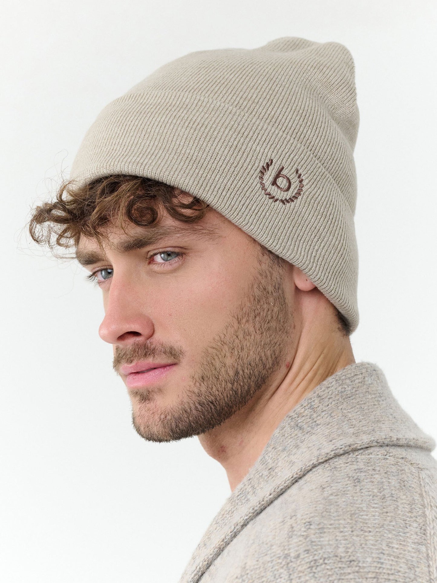 Polyacryl Kopfbedeckung Einfarbige bugatti Beanie mit breitem Rand (Beige)