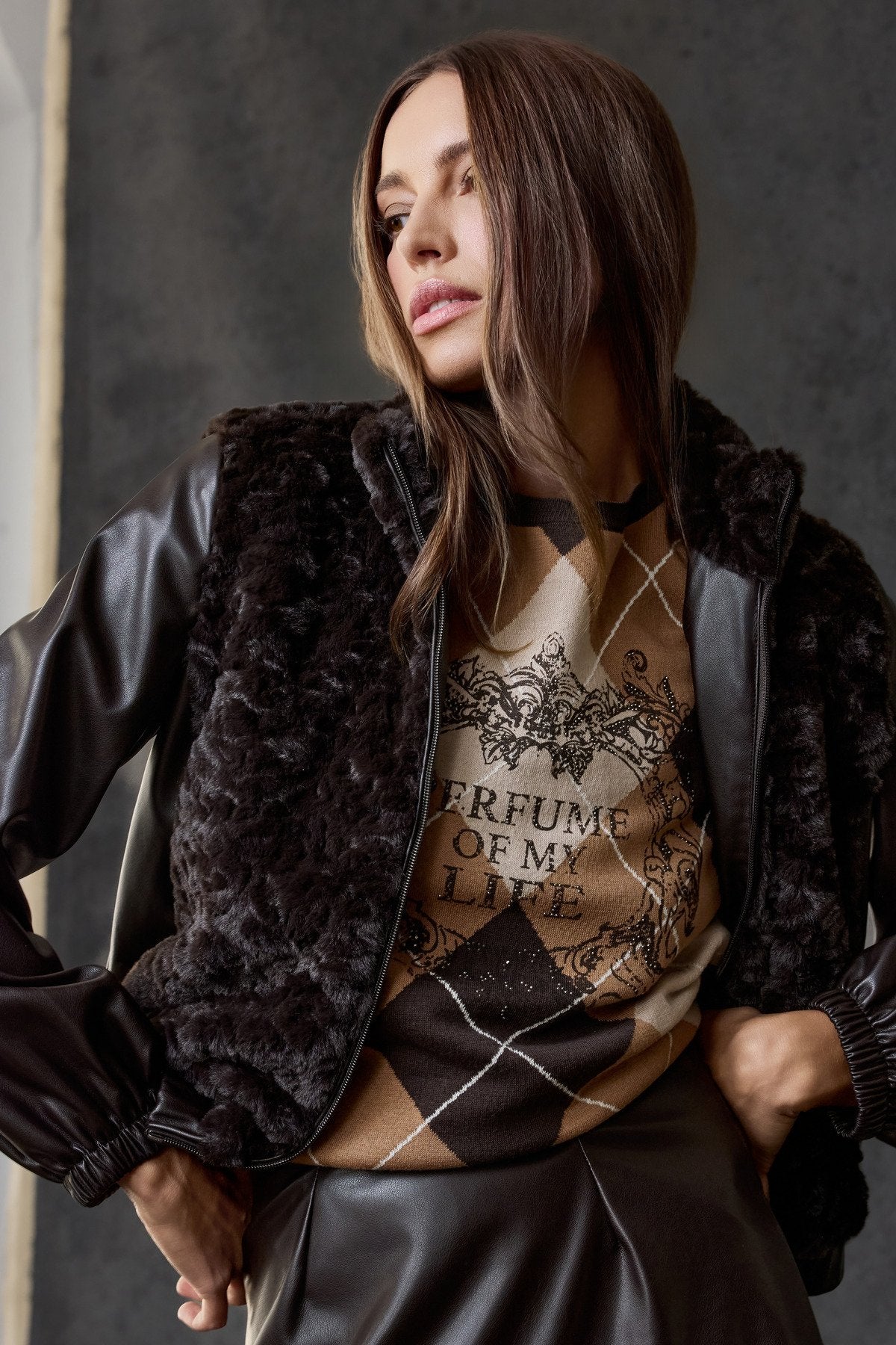 Jacke mit Kunstfell (Black Coffee)