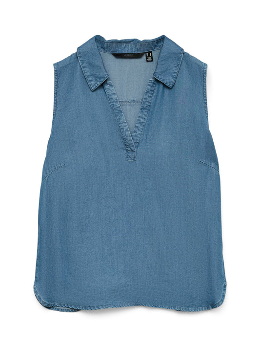 Vmharper Sl Collar Short Tencel Top Ga (Medium Blue D)