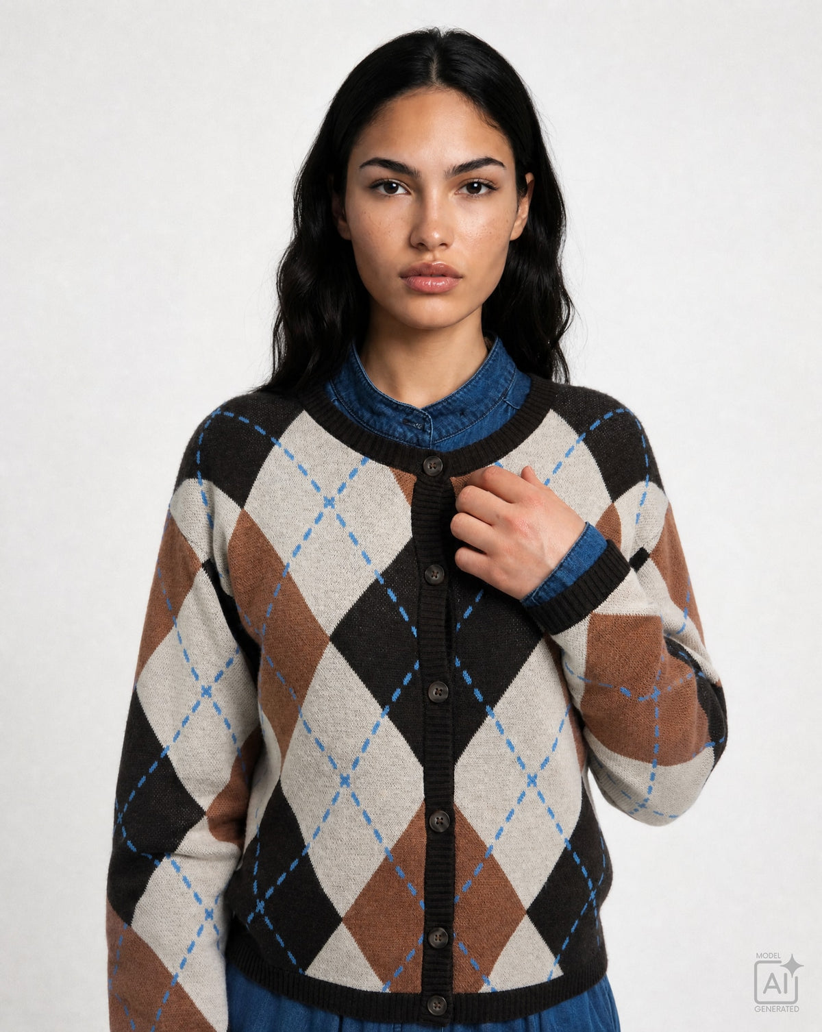 Argyle Button Cardigan (Sand Print)
