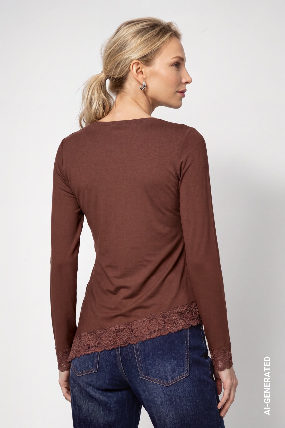 Langarmshirt mit Spitzenborte (Chocolate Brown)