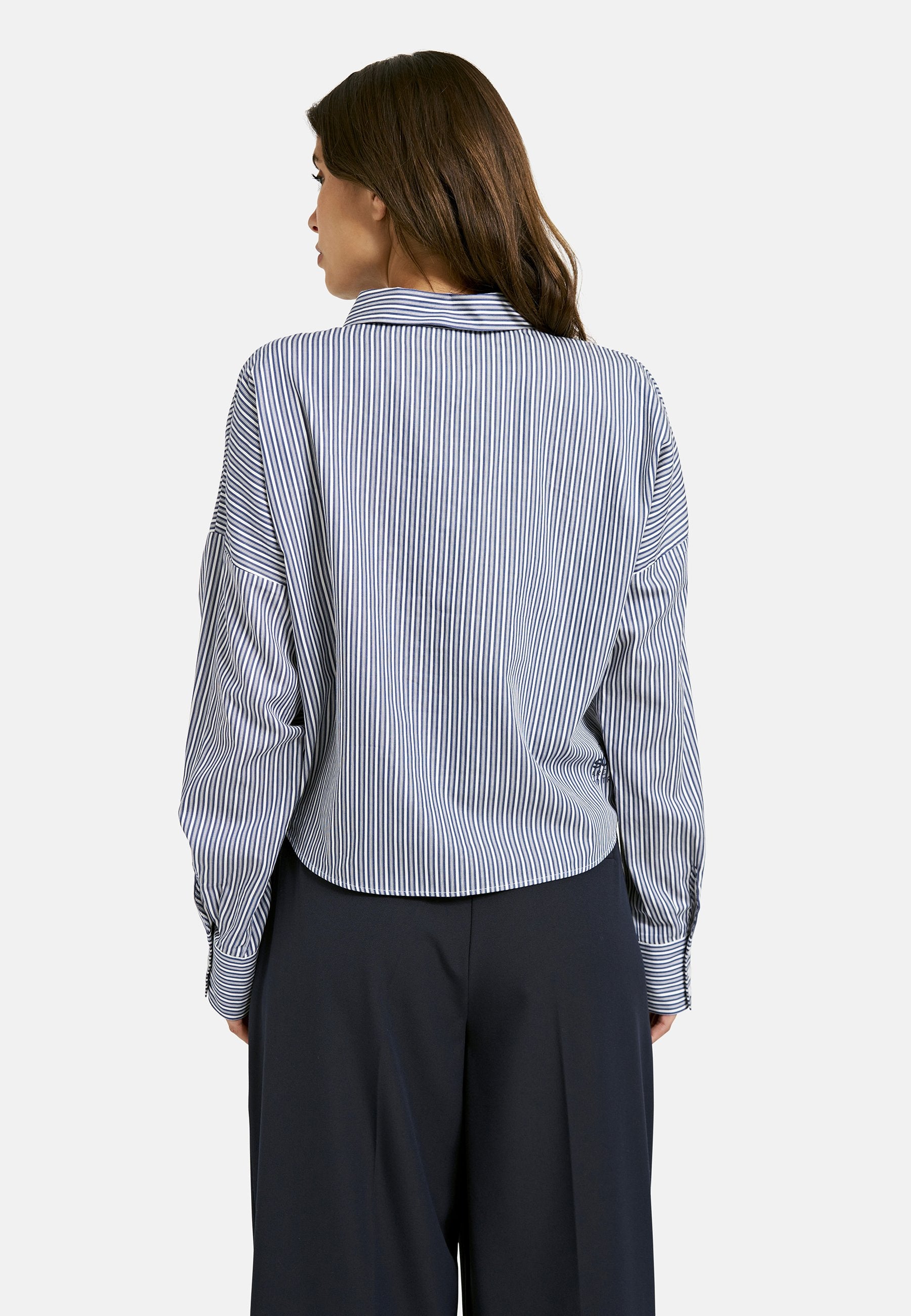 Striped Boxy Blouse with Ruffle Edge (Dark Denim Prin)