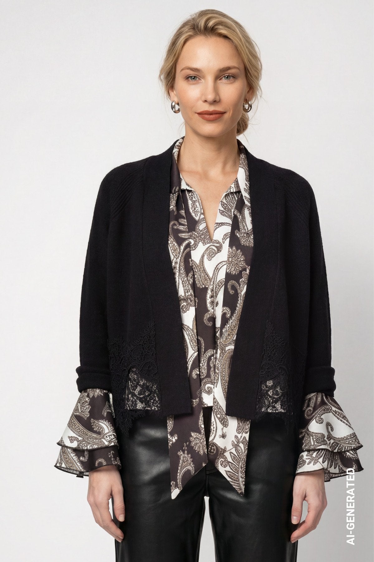 Strickjacke mit Spitzenborte (Schwarz)