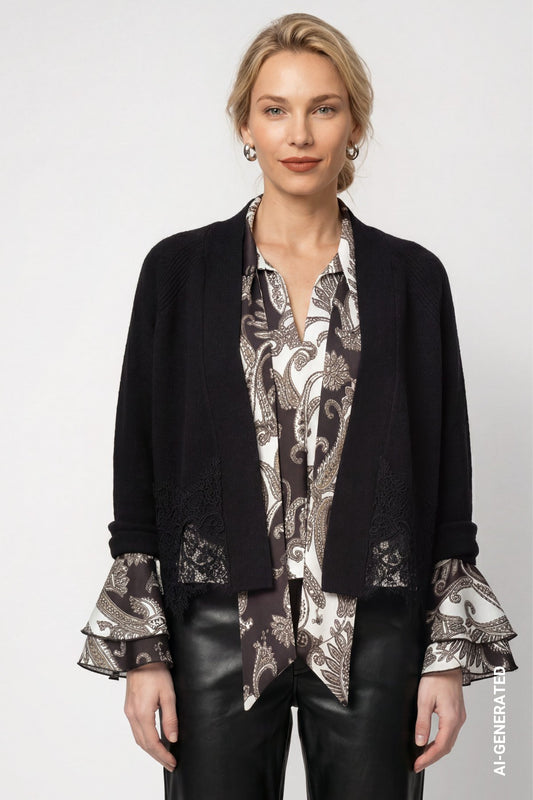 Strickjacke mit Spitzenborte (Schwarz)