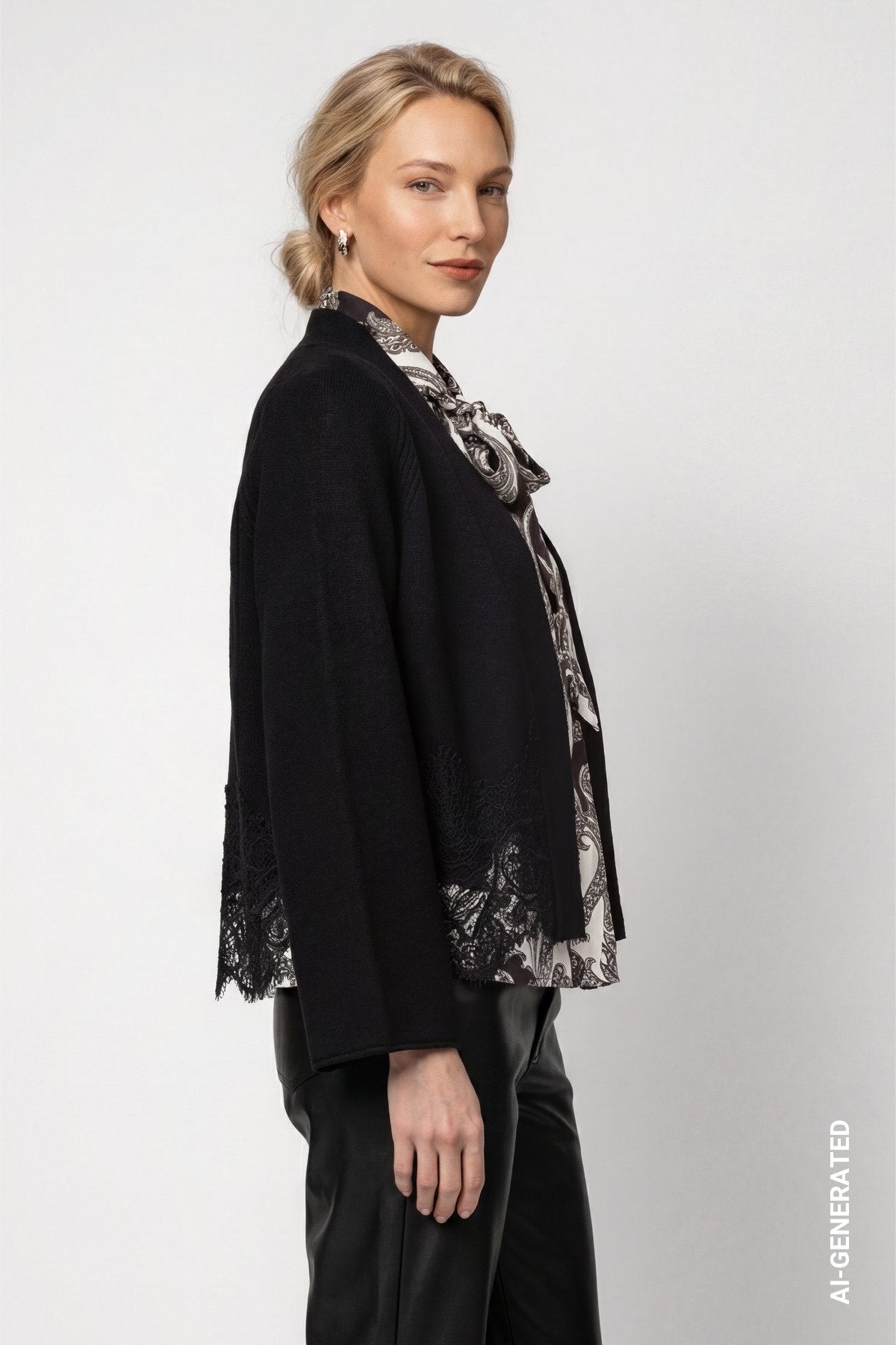 Strickjacke mit Spitzenborte (Schwarz)