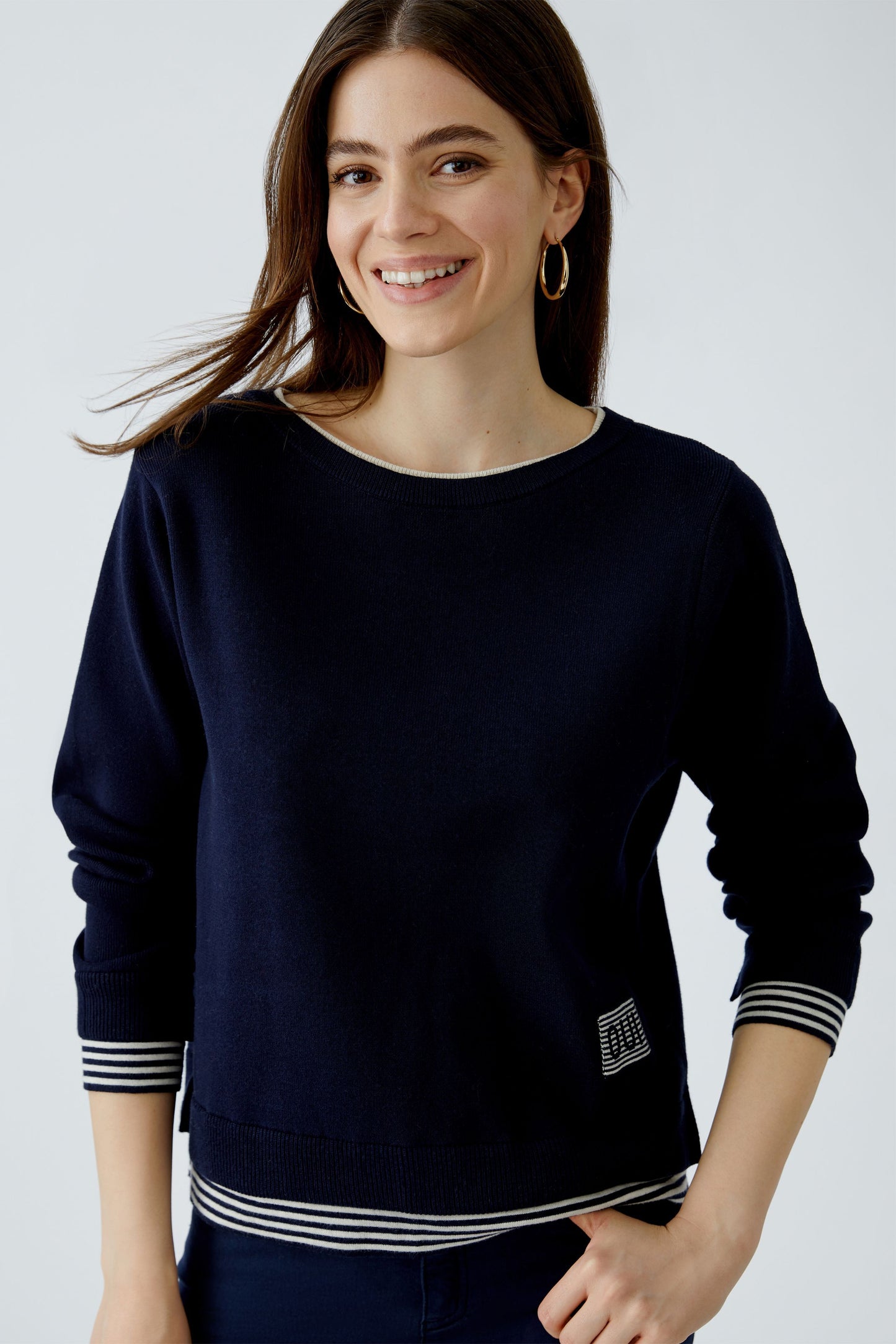 LEEZA Pullover reine Baumwolle (Dk Blue White)