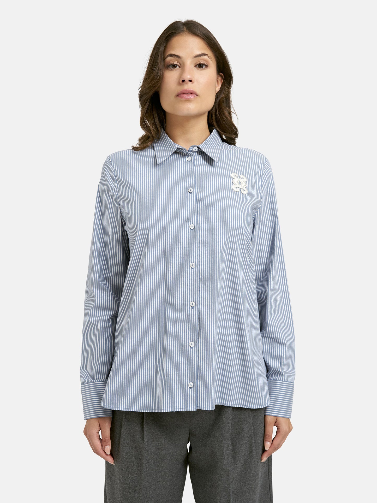 Striped Shirt Collar Blouse (Bleu Print)
