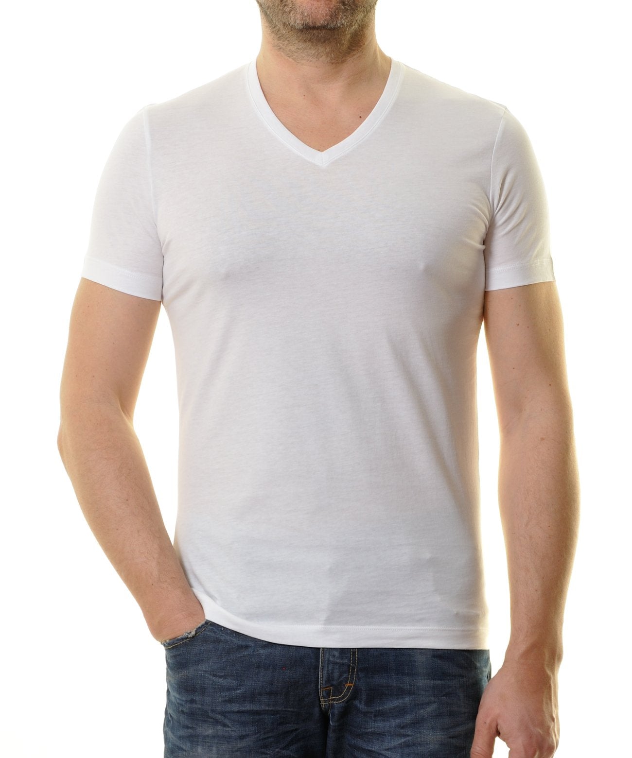 2 T-Shirt Doppelpack Bodyfit mit V-Ausschnitt (Weiss)
