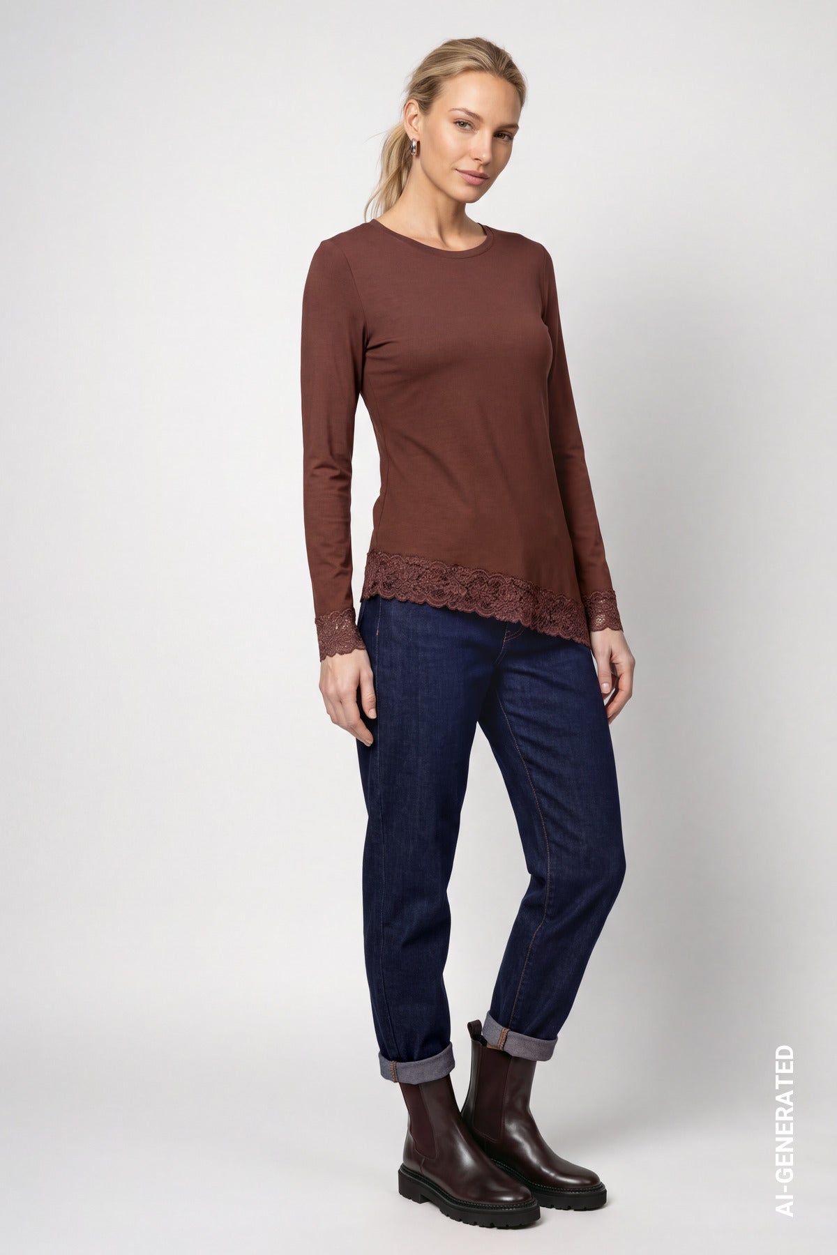 Langarmshirt mit Spitzenborte (Chocolate Brown)