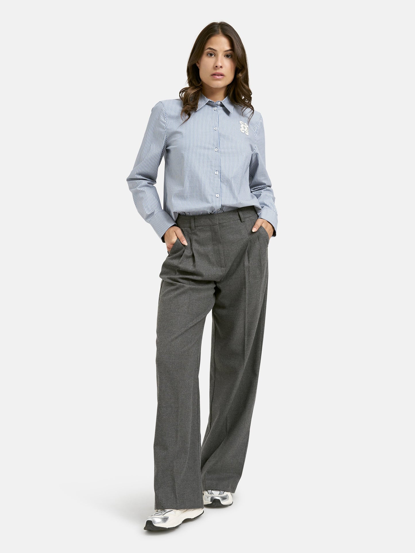 Striped Shirt Collar Blouse (Bleu Print)