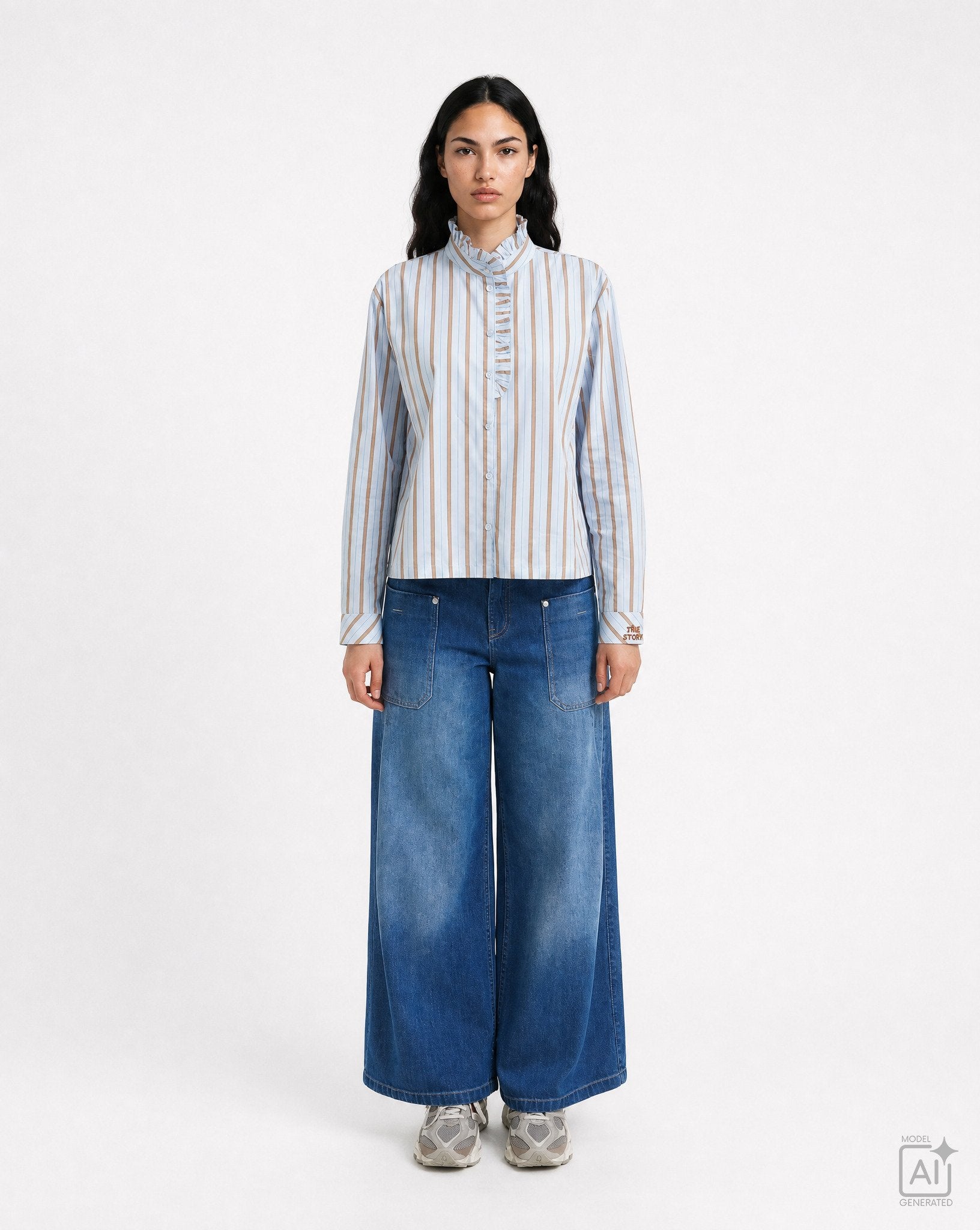 Striped Ruffle Blouse (Light Blue Prin)