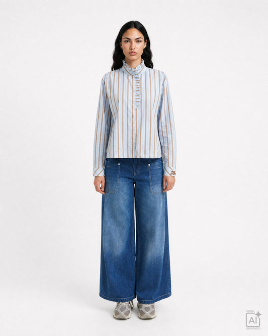 Striped Ruffle Blouse (Light Blue Prin)